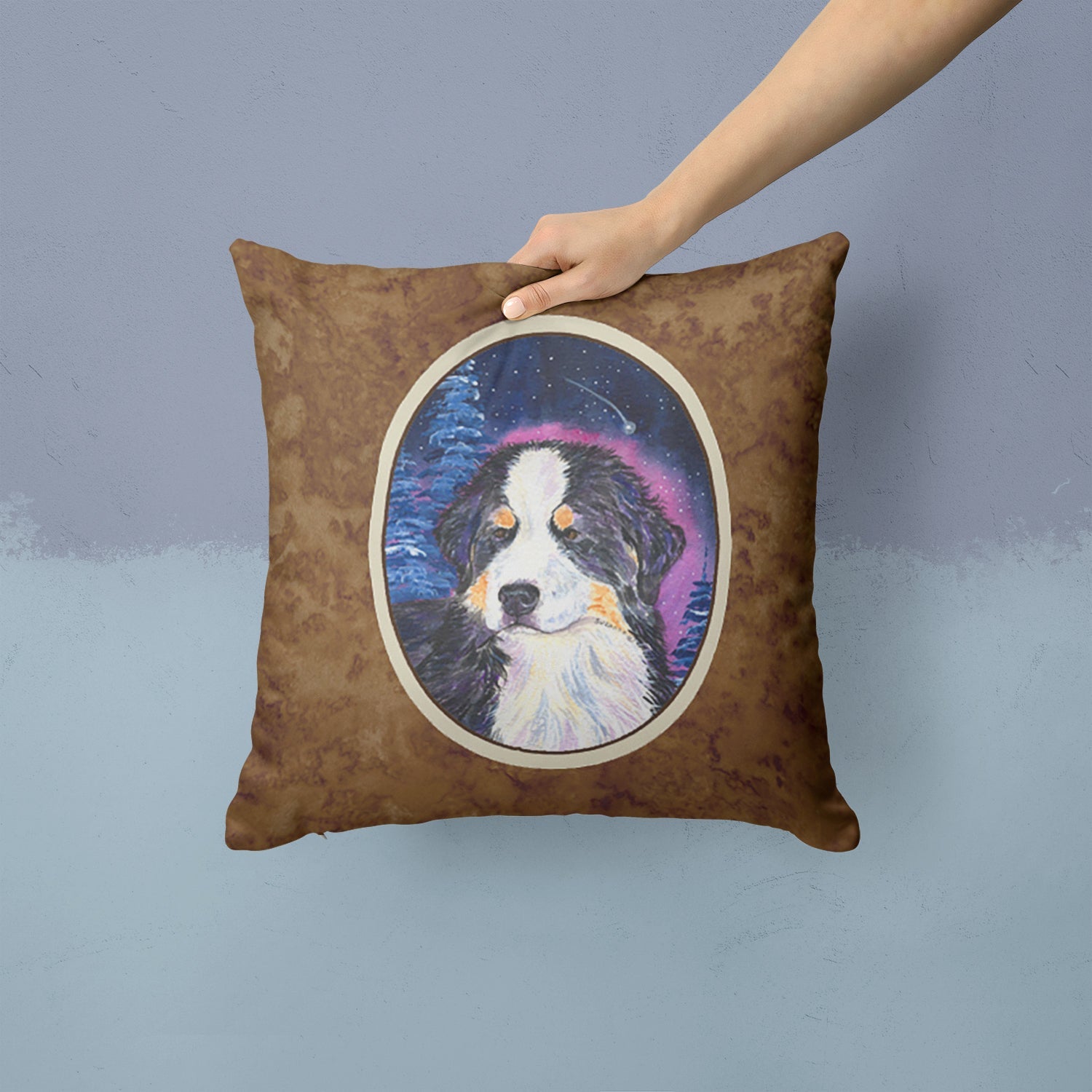 Starry Night Bernese Mountain Dog Decorative Throw Pillow 14x14 Indoor Outdoor Accent Cushion, Fabric Cover with Insert for Sofa, Bed, Porch & Living Room