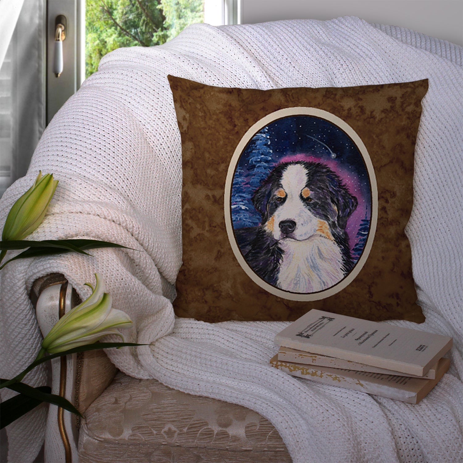 Starry Night Bernese Mountain Dog Decorative Throw Pillow 14x14 Indoor Outdoor Accent Cushion, Fabric Cover with Insert for Sofa, Bed, Porch & Living Room