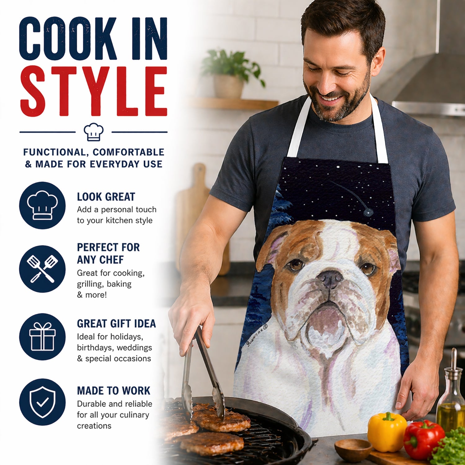 Starry Night English Bulldog Apron Cooking Kitchen Server Baking Crafts Gardening for Adult Women Men, Unisex, Large, Multicolor