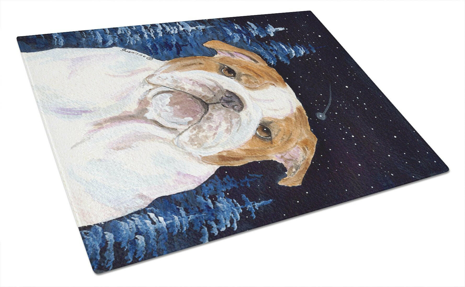Starry Night English Bulldog Cutting Board Tempered Glass Kitchen Cutting Surface, Heat Resistant Chopping, Non-Slip Feet, Food Prep & Serving