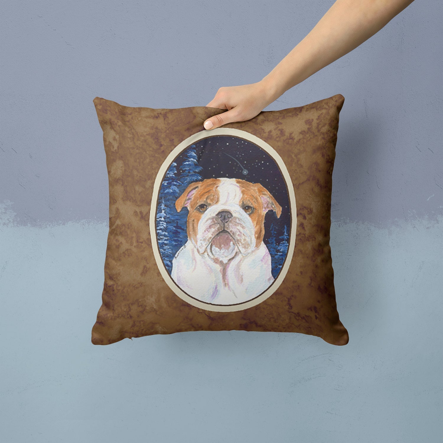 Starry Night English Bulldog Decorative Throw Pillow 14x14 Indoor Outdoor Accent Cushion, Fabric Cover with Insert for Sofa, Bed, Porch & Living Room