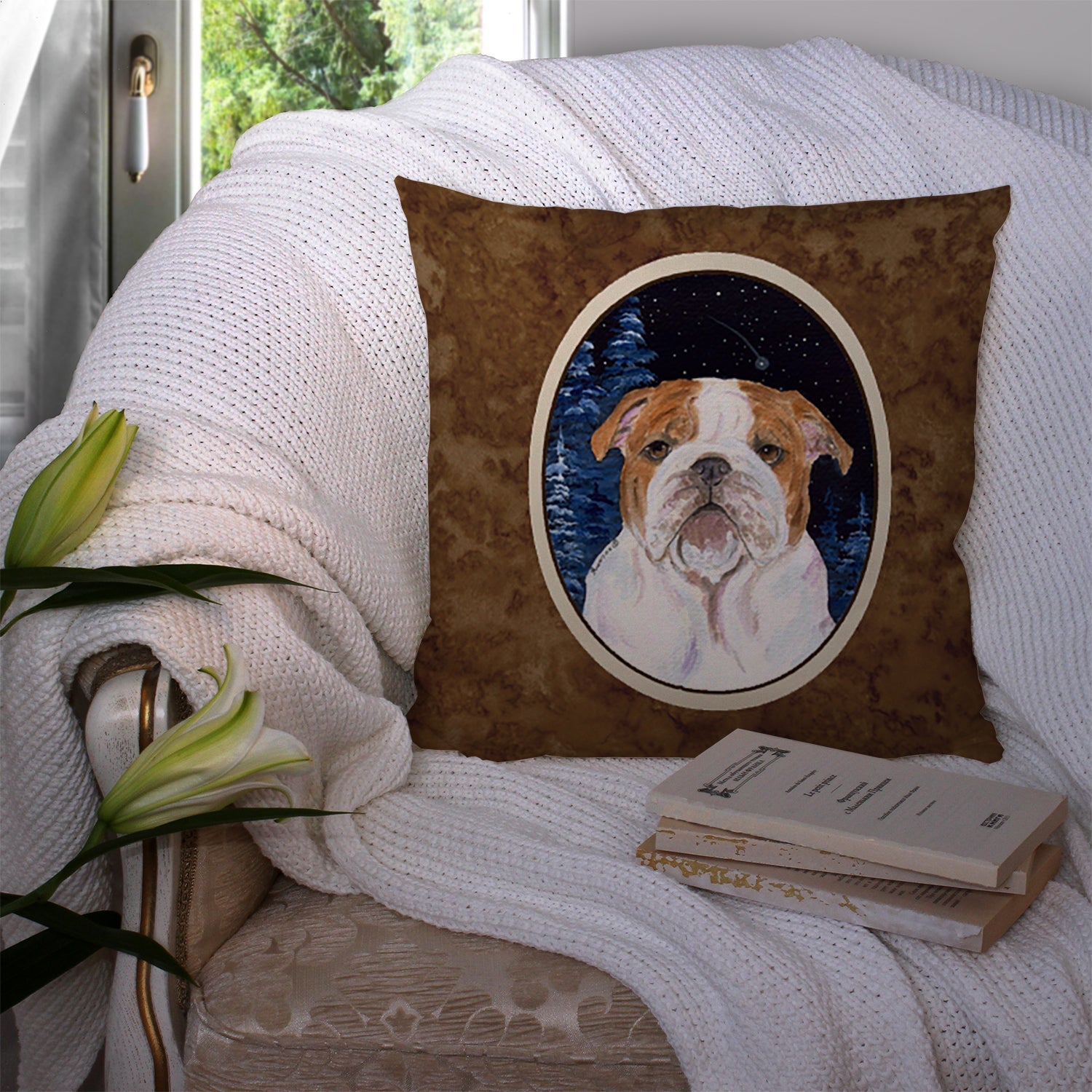 Starry Night English Bulldog Decorative Throw Pillow 14x14 Indoor Outdoor Accent Cushion, Fabric Cover with Insert for Sofa, Bed, Porch & Living Room