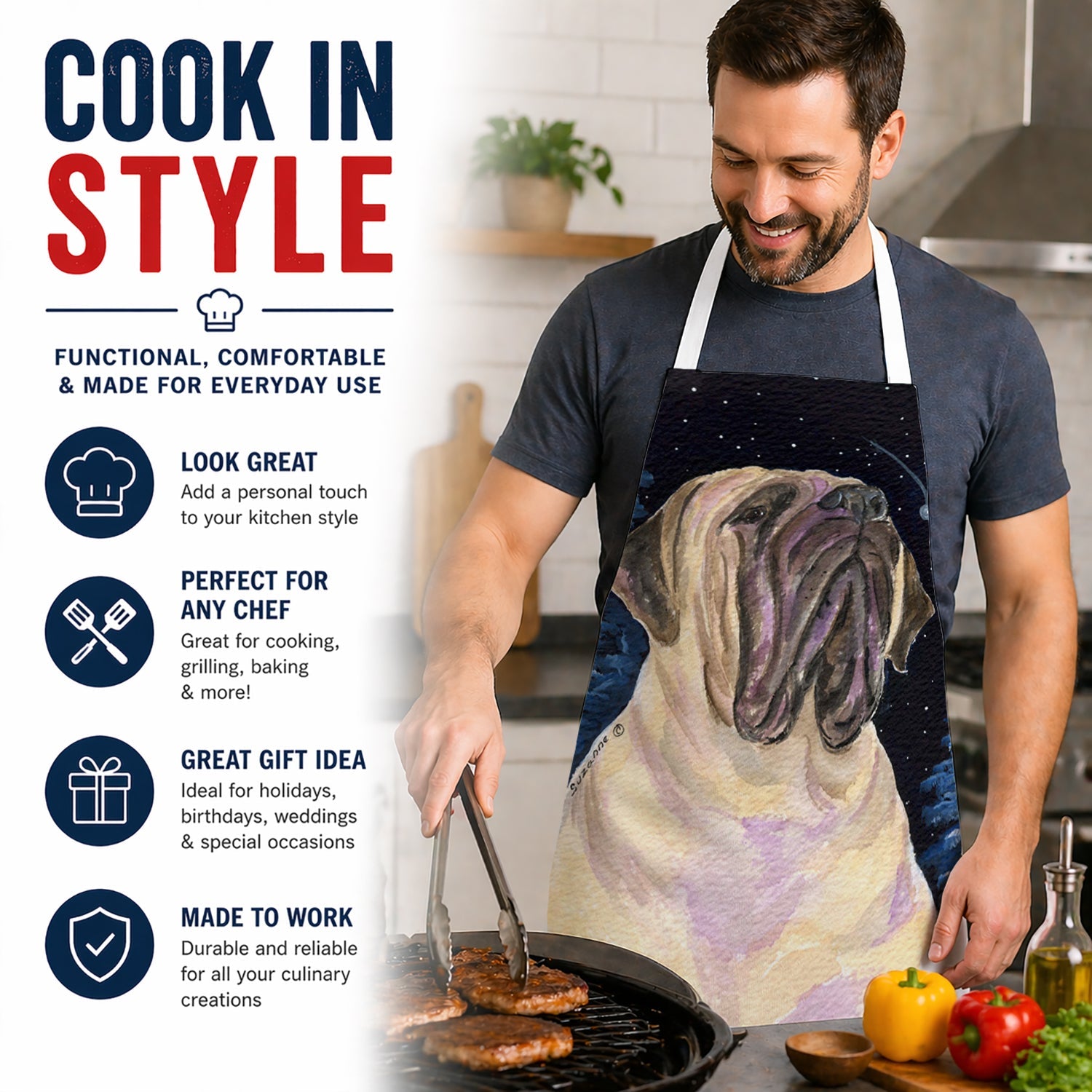 Starry Night Mastiff Apron Cooking Kitchen Server Baking Crafts Gardening for Adult Women Men, Unisex, Large, Multicolor