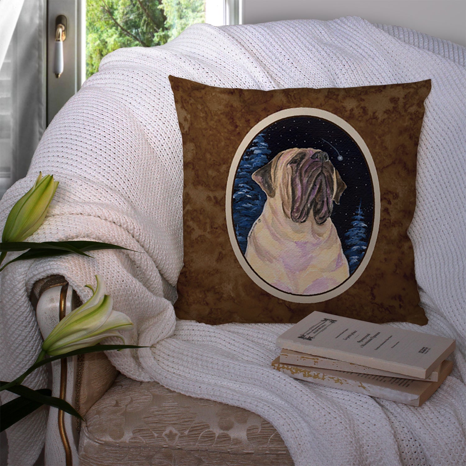 Starry Night Mastiff Decorative Throw Pillow 14x14 Indoor Outdoor Accent Cushion, Fabric Cover with Insert for Sofa, Bed, Porch & Living Room
