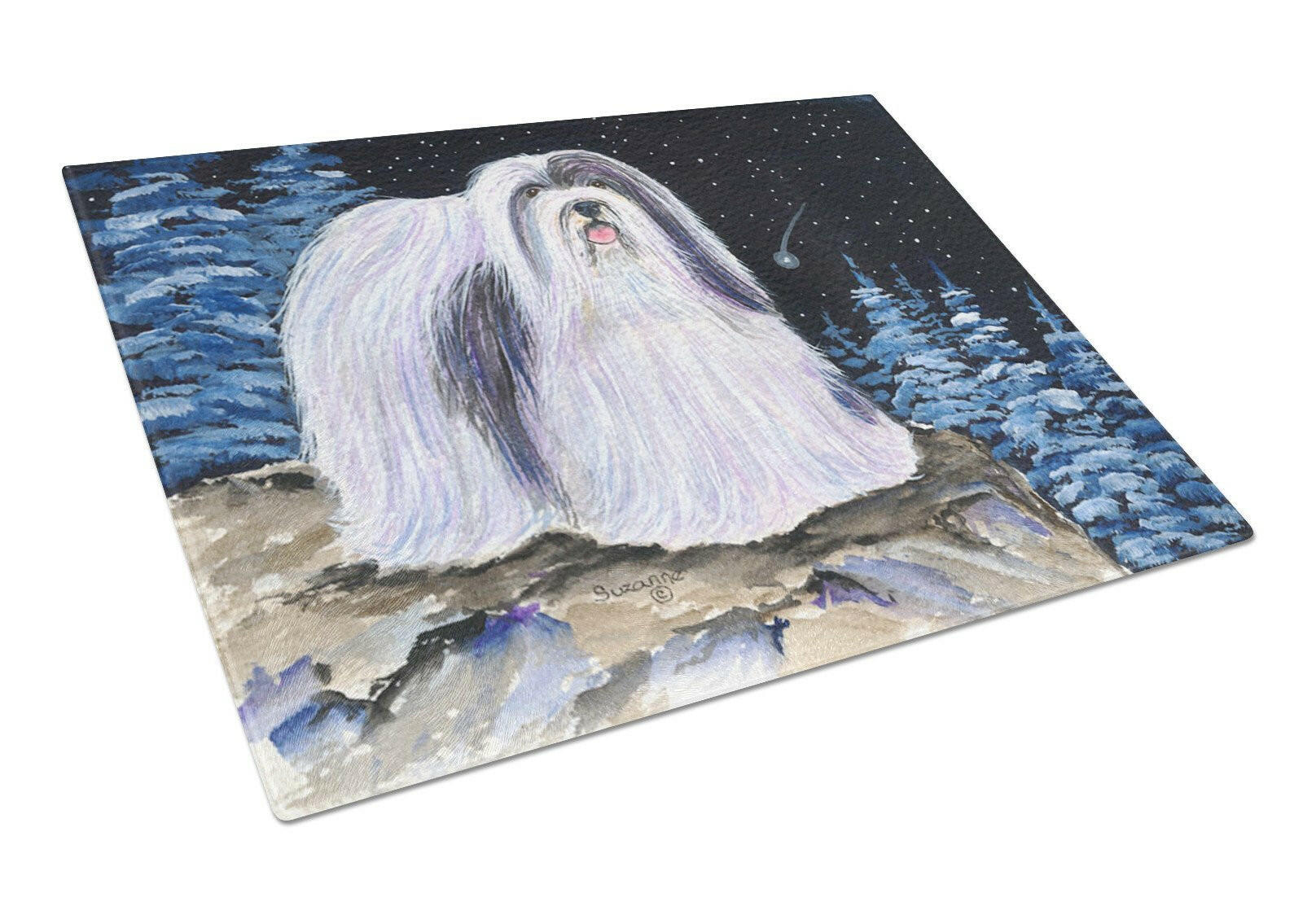 Starry Night Havanese Cutting Board Tempered Glass Kitchen Cutting Surface, Heat Resistant Chopping, Non-Slip Feet, Food Prep & Serving