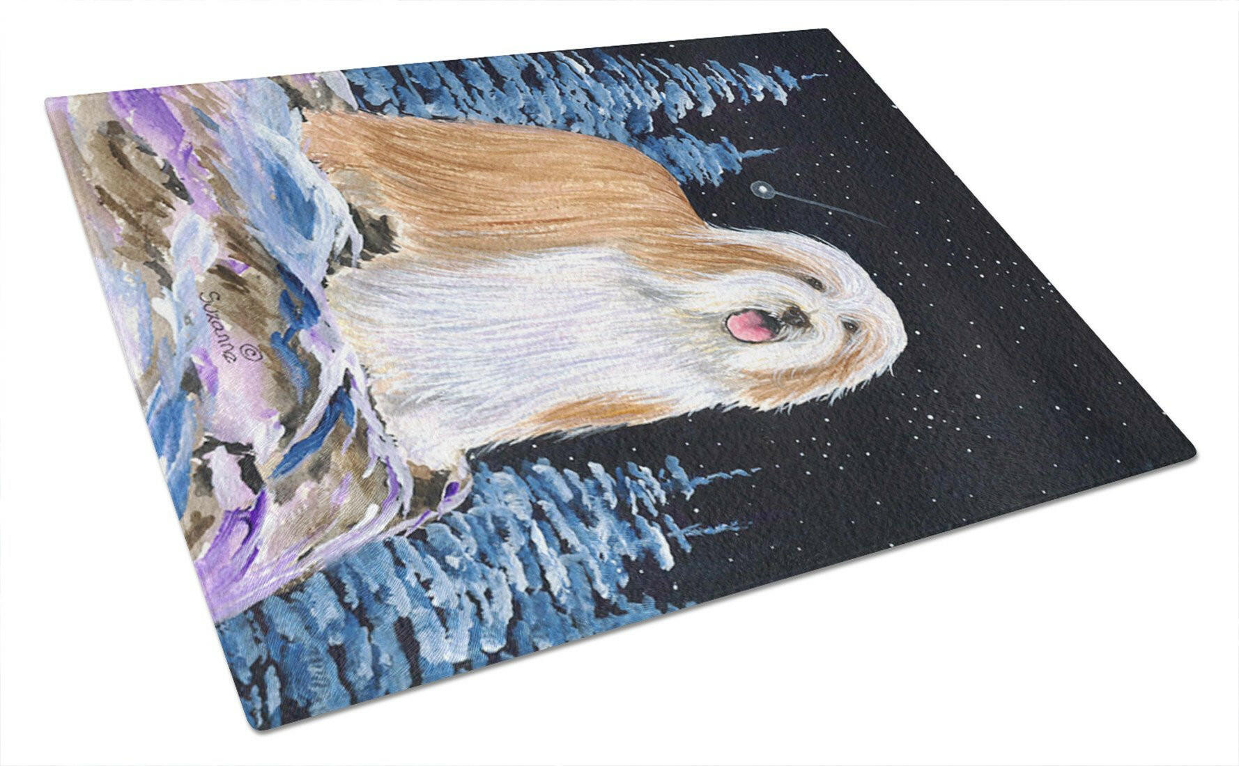Starry Night Bearded Collie Cutting Board Tempered Glass Kitchen Cutting Surface, Heat Resistant Chopping, Non-Slip Feet, Food Prep & Serving