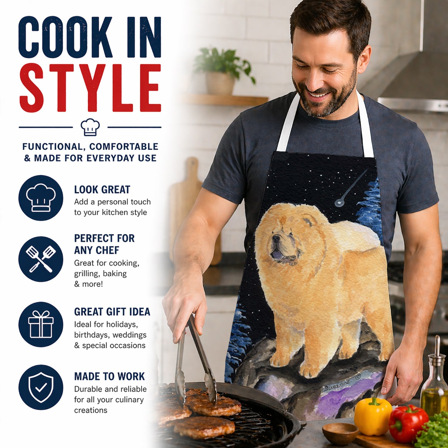 Starry Night Chow Chow Apron Cooking Kitchen Server Baking Crafts Gardening for Adult Women Men, Unisex, Large, Multicolor