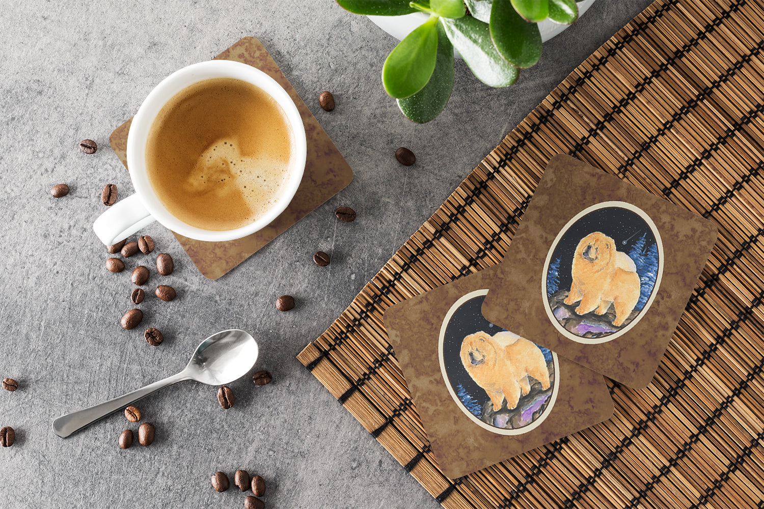 Starry Night Chow Chow Foam Coasters Set of 4 Cup Coasters for Indoor Outdoor, Tabletop Protection, Anti Slip, Mouse pad Material