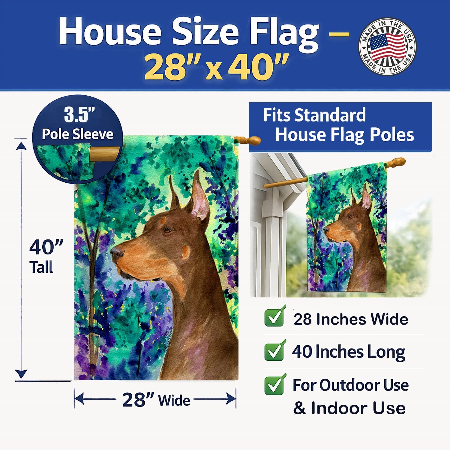 Doberman House Flag 28x40 Porch Sleeve Pole Decorative Outside Yard Banner Artwork Wall Hanging, Polyester