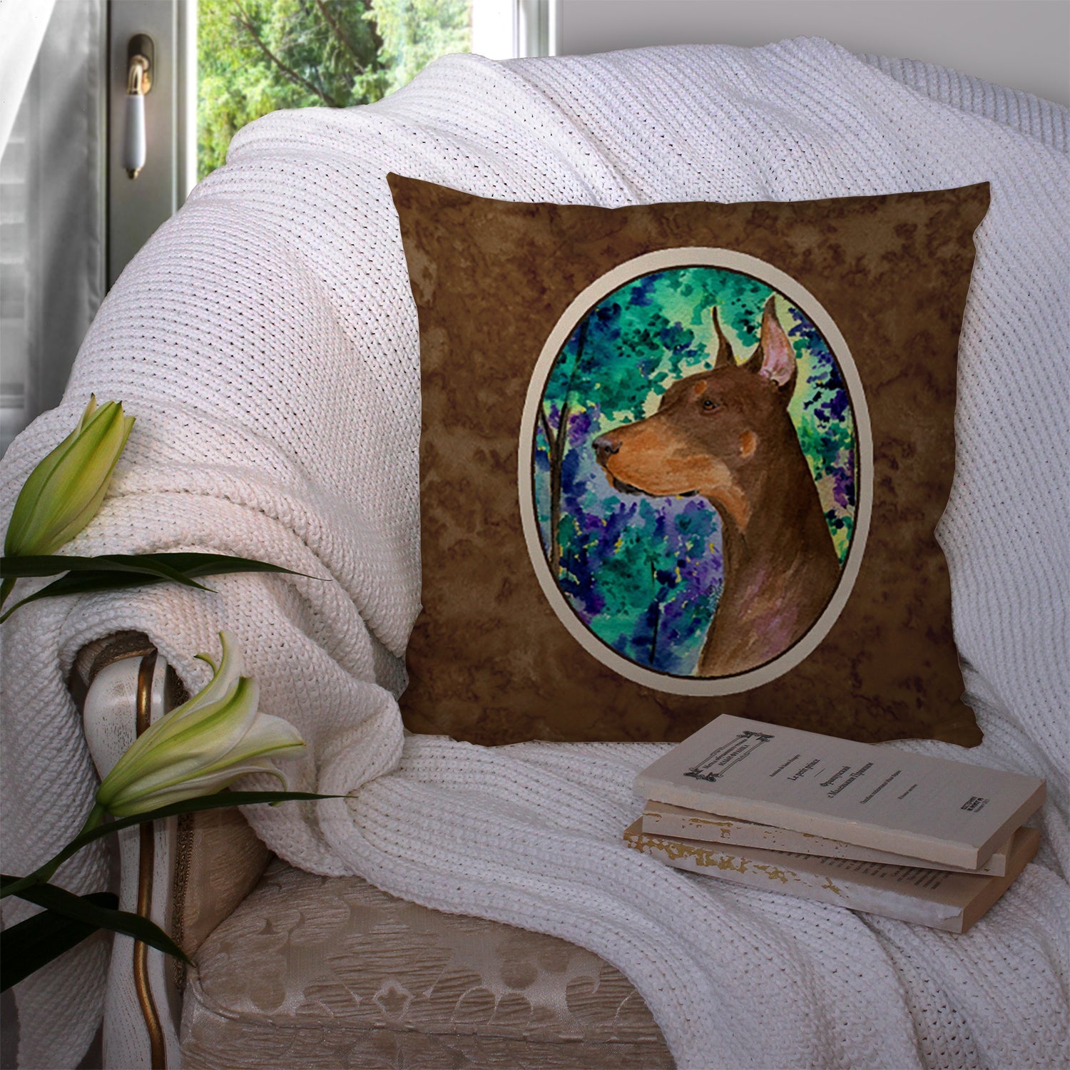 Doberman Decorative Throw Pillow 14x14 Indoor Outdoor Accent Cushion, Fabric Cover with Insert for Sofa, Bed, Porch & Living Room