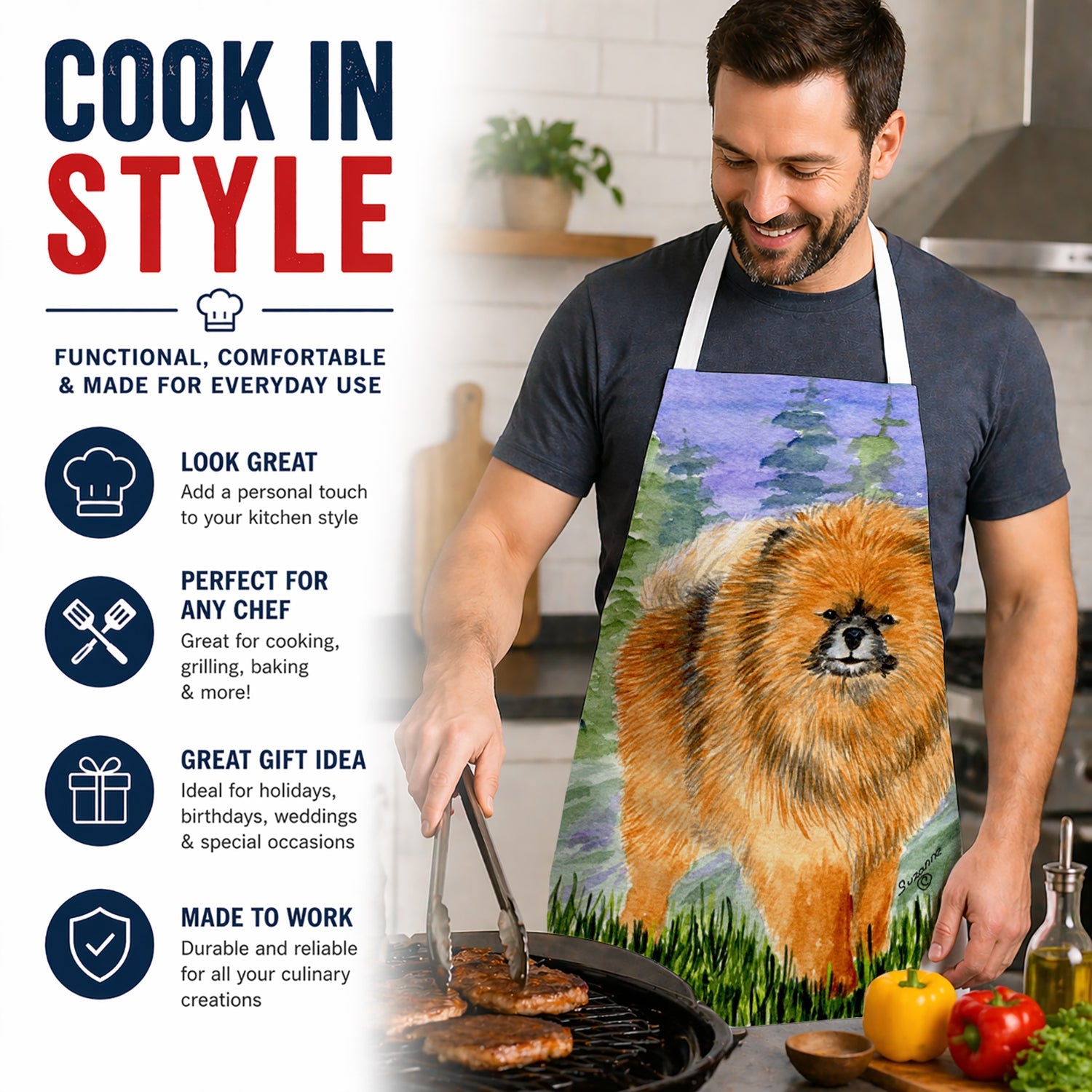 Pomeranian Apron Cooking Kitchen Server Baking Crafts Gardening for Adult Women Men, Unisex, Large, Multicolor