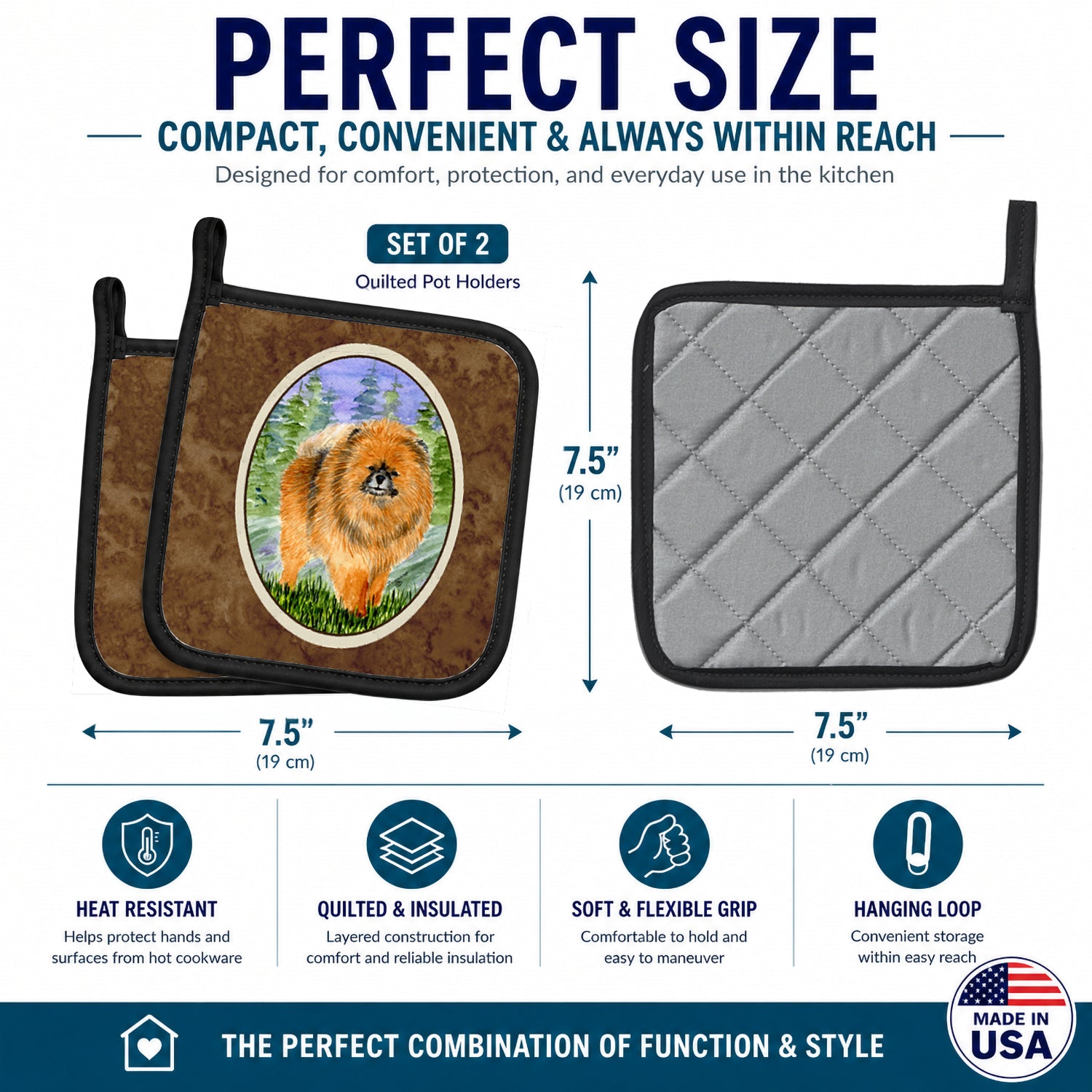 Pomeranian Pot Holder Set of 2 Heat Resistant Quilted Hot Pads 7.5 x 7.5 Inch, Insulated Kitchen Trivets for Cooking & Baking