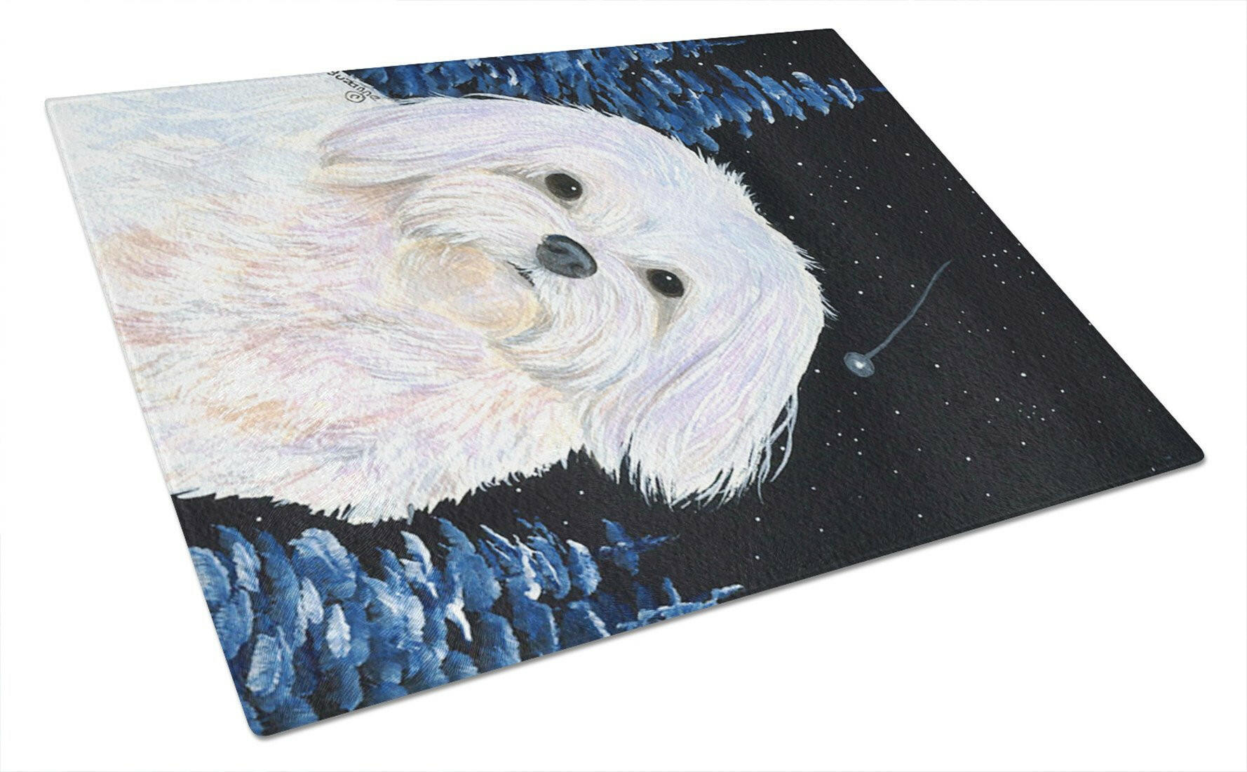 Starry Night Maltese Cutting Board Tempered Glass Kitchen Cutting Surface, Heat Resistant Chopping, Non-Slip Feet, Food Prep & Serving
