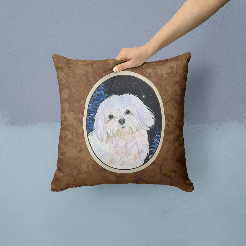 Starry Night Maltese Decorative Throw Pillow 14x14 Indoor Outdoor Accent Cushion, Fabric Cover with Insert for Sofa, Bed, Porch & Living Room