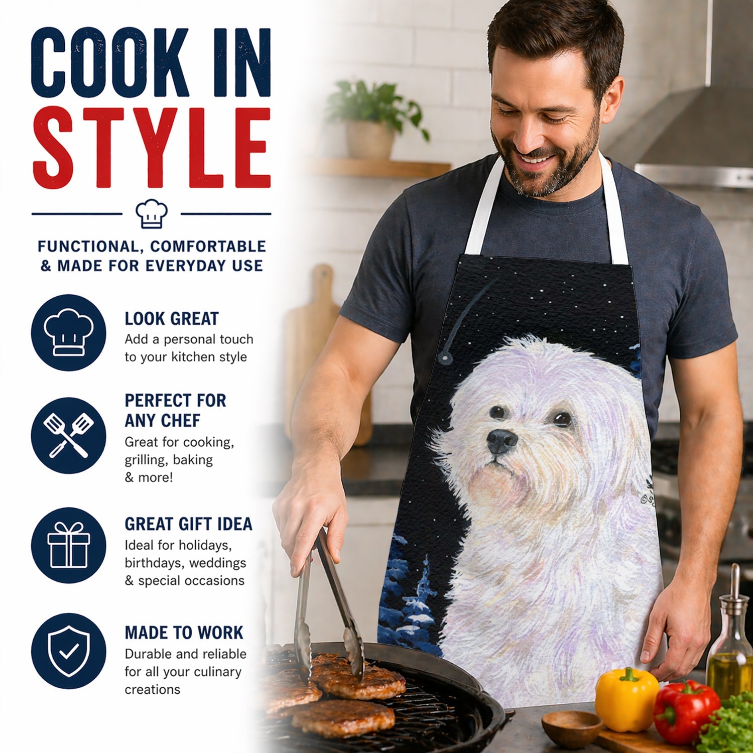Starry Night Maltese Apron Cooking Kitchen Server Baking Crafts Gardening for Adult Women Men, Unisex, Large, Multicolor