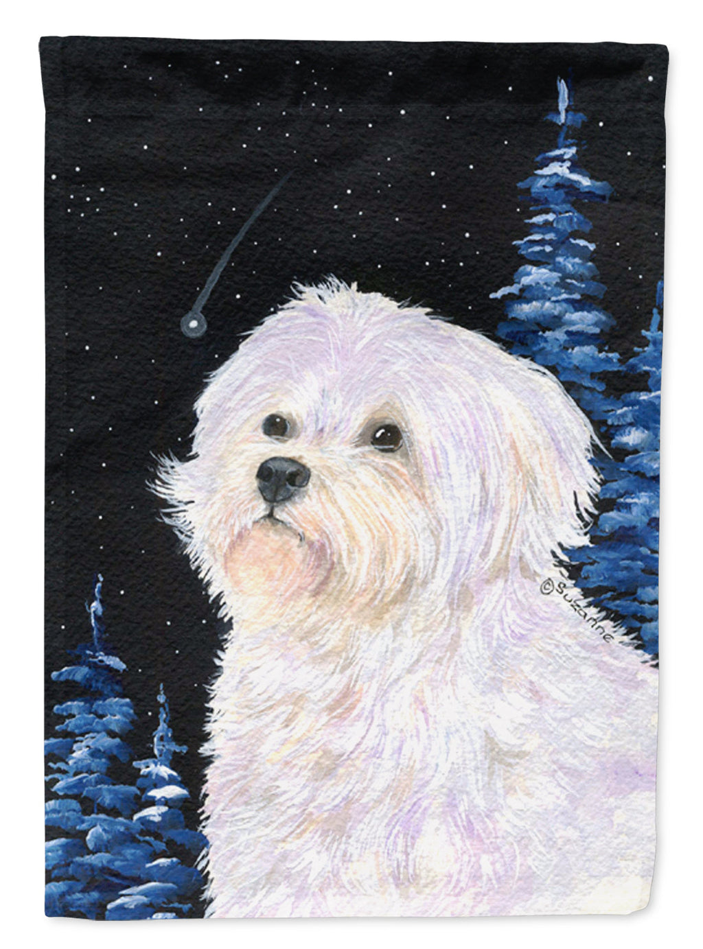 Starry Night Maltese House Flag 28x40 Porch Sleeve Pole Decorative Outside Yard Banner Artwork Wall Hanging, Polyester