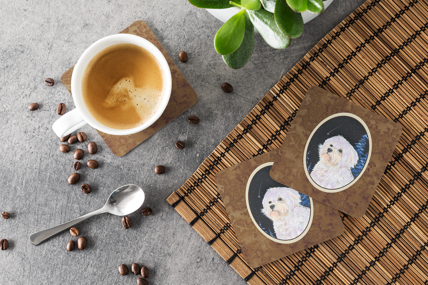 Starry Night Maltese Foam Coasters Set of 4 Cup Coasters for Indoor Outdoor, Tabletop Protection, Anti Slip, Mouse pad Material