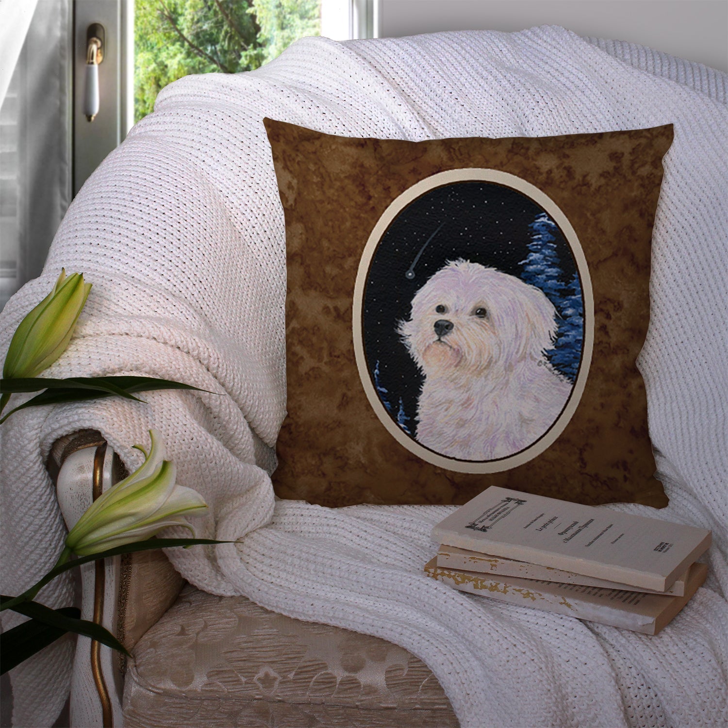 Starry Night Maltese Decorative Throw Pillow 14x14 Indoor Outdoor Accent Cushion, Fabric Cover with Insert for Sofa, Bed, Porch & Living Room
