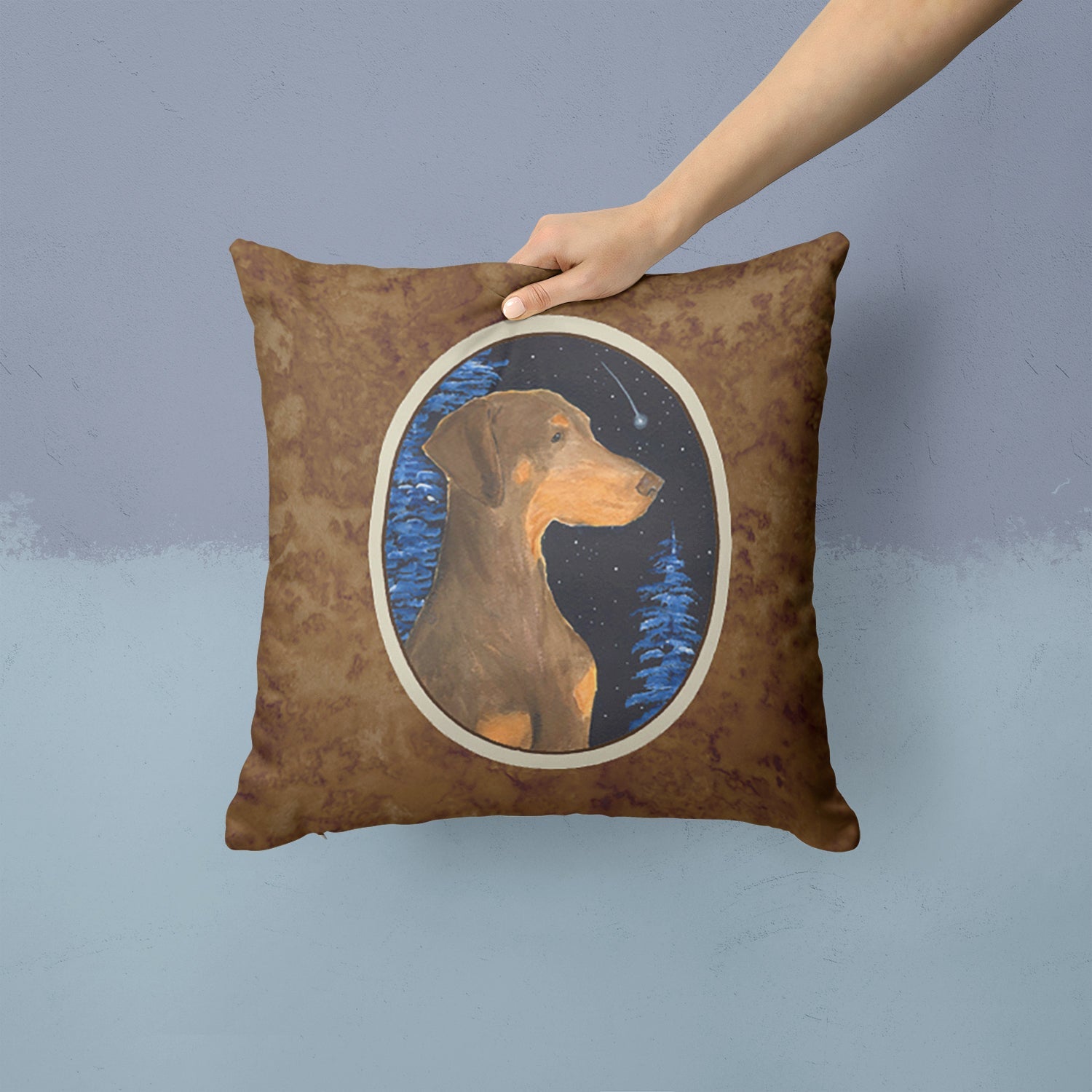 Starry Night Doberman Decorative Throw Pillow 14x14 Indoor Outdoor Accent Cushion, Fabric Cover with Insert for Sofa, Bed, Porch & Living Room