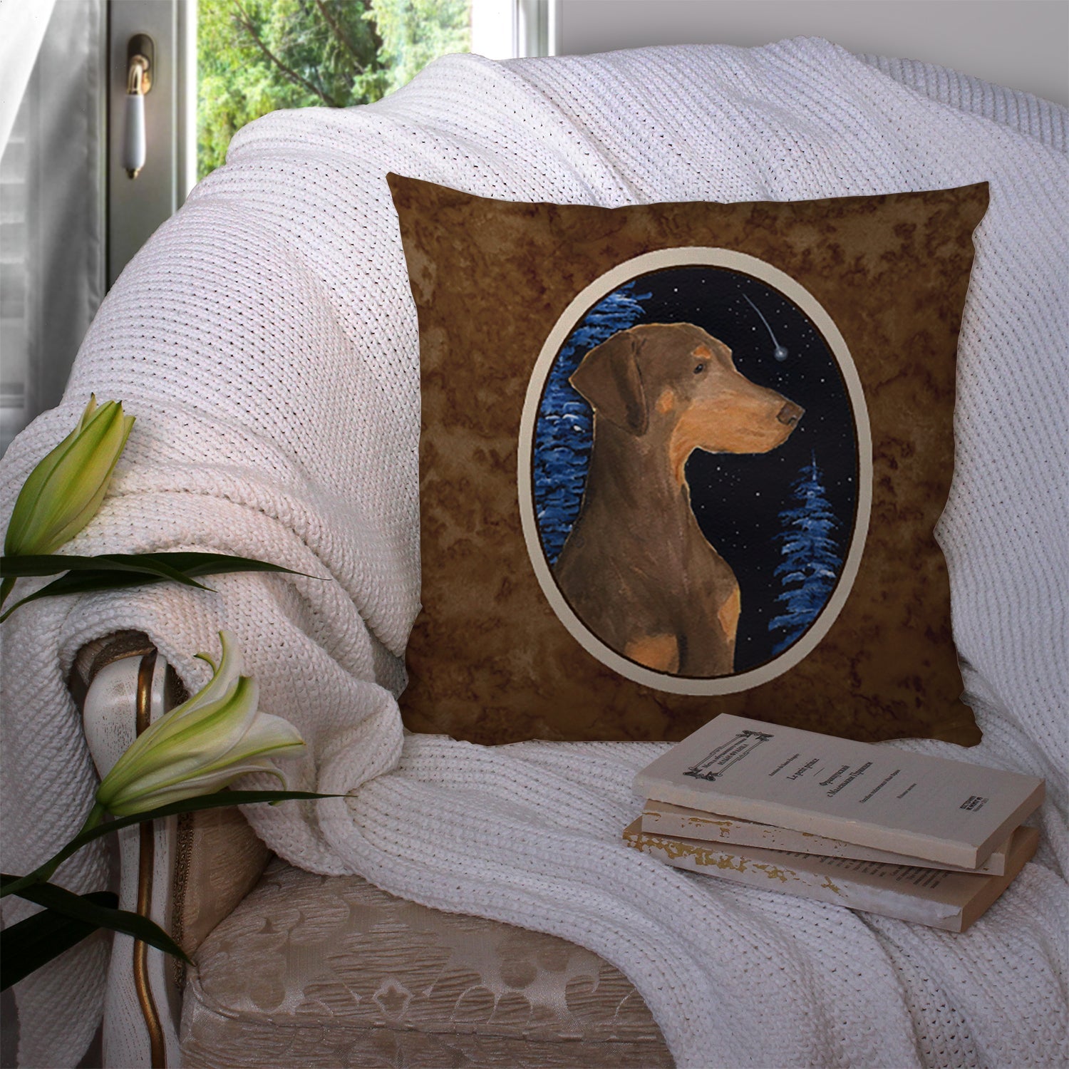 Starry Night Doberman Decorative Throw Pillow 14x14 Indoor Outdoor Accent Cushion, Fabric Cover with Insert for Sofa, Bed, Porch & Living Room
