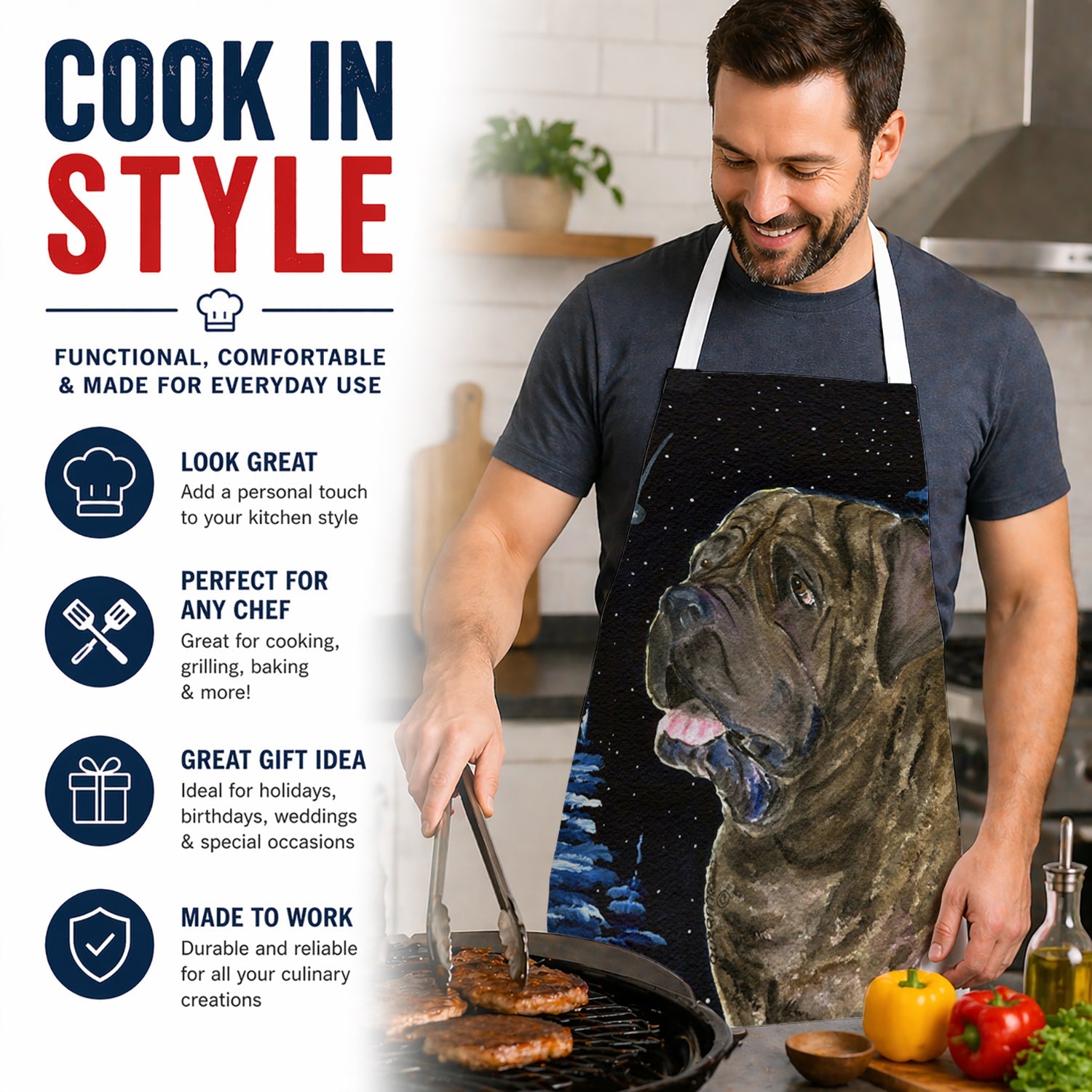 Starry Night Mastiff Apron Cooking Kitchen Server Baking Crafts Gardening for Adult Women Men, Unisex, Large, Multicolor