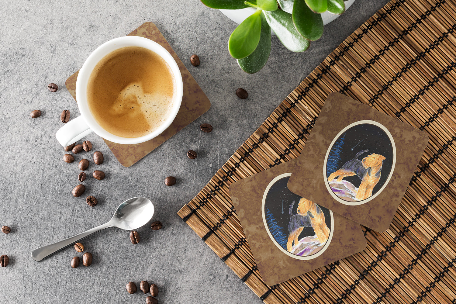 Starry Night Welsh Terrier Foam Coasters Set of 4 Cup Coasters for Indoor Outdoor, Tabletop Protection, Anti Slip, Mouse pad Material
