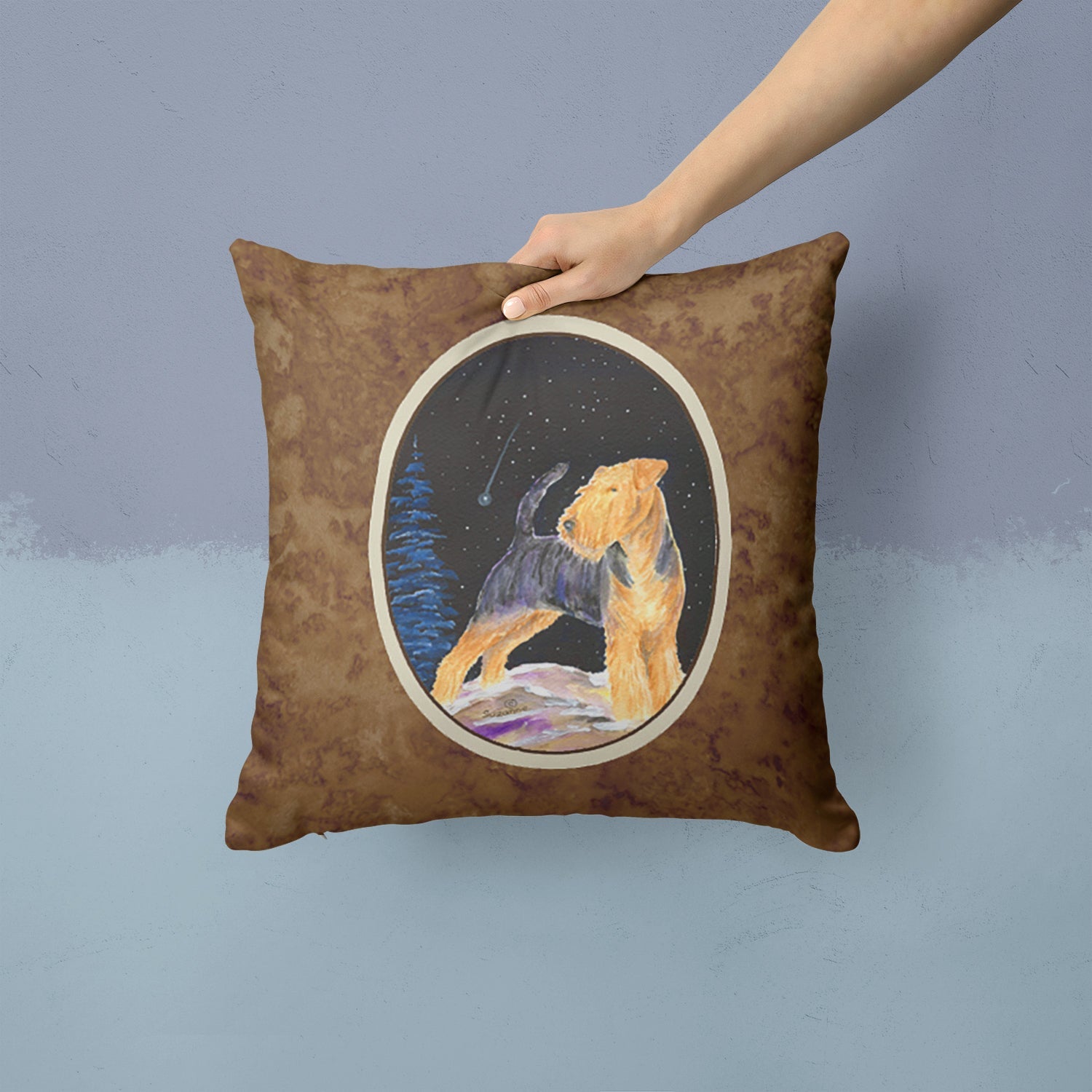 Starry Night Welsh Terrier Decorative Throw Pillow 14x14 Indoor Outdoor Accent Cushion, Fabric Cover with Insert for Sofa, Bed, Porch & Living Room