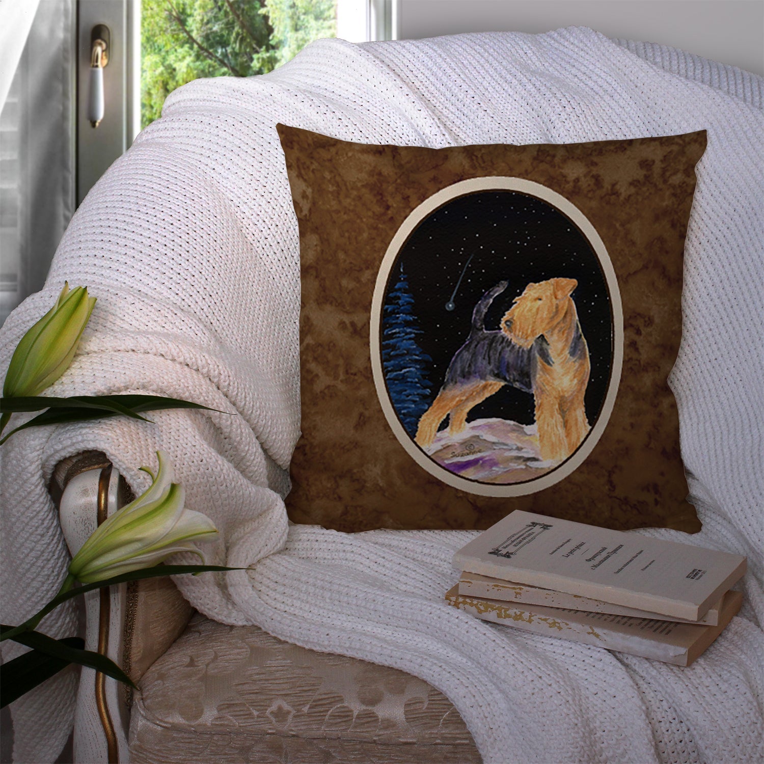 Starry Night Welsh Terrier Decorative Throw Pillow 14x14 Indoor Outdoor Accent Cushion, Fabric Cover with Insert for Sofa, Bed, Porch & Living Room