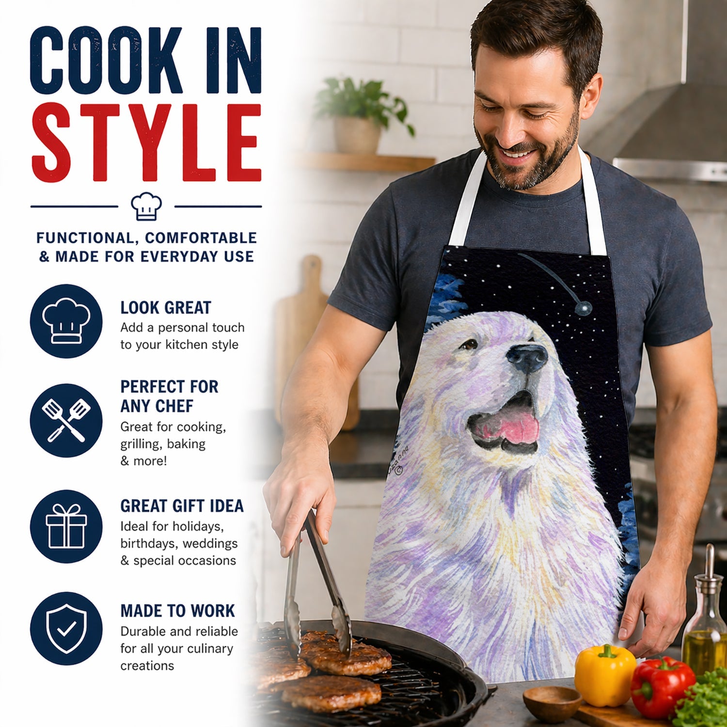 Starry Night Great Pyrenees Apron Cooking Kitchen Server Baking Crafts Gardening for Adult Women Men, Unisex, Large, Multicolor
