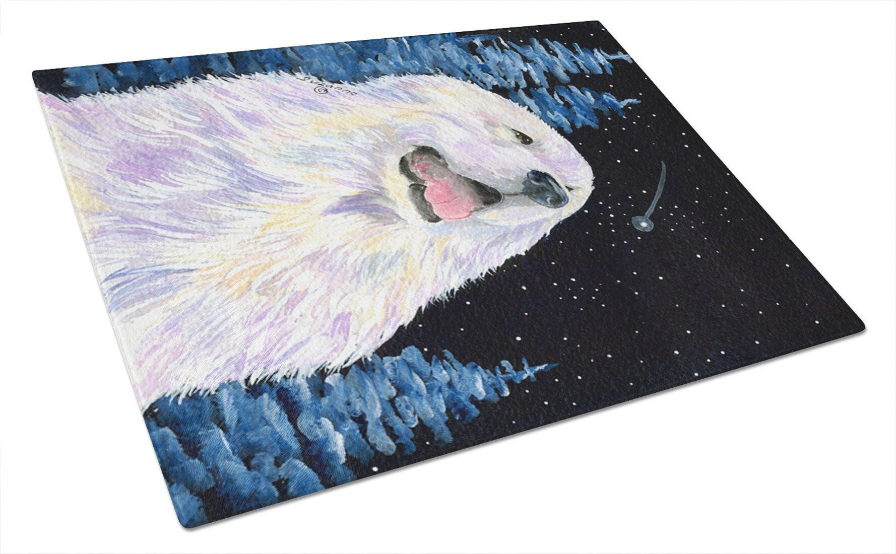 Starry Night Great Pyrenees Cutting Board Tempered Glass Kitchen Cutting Surface, Heat Resistant Chopping, Non-Slip Feet, Food Prep & Serving