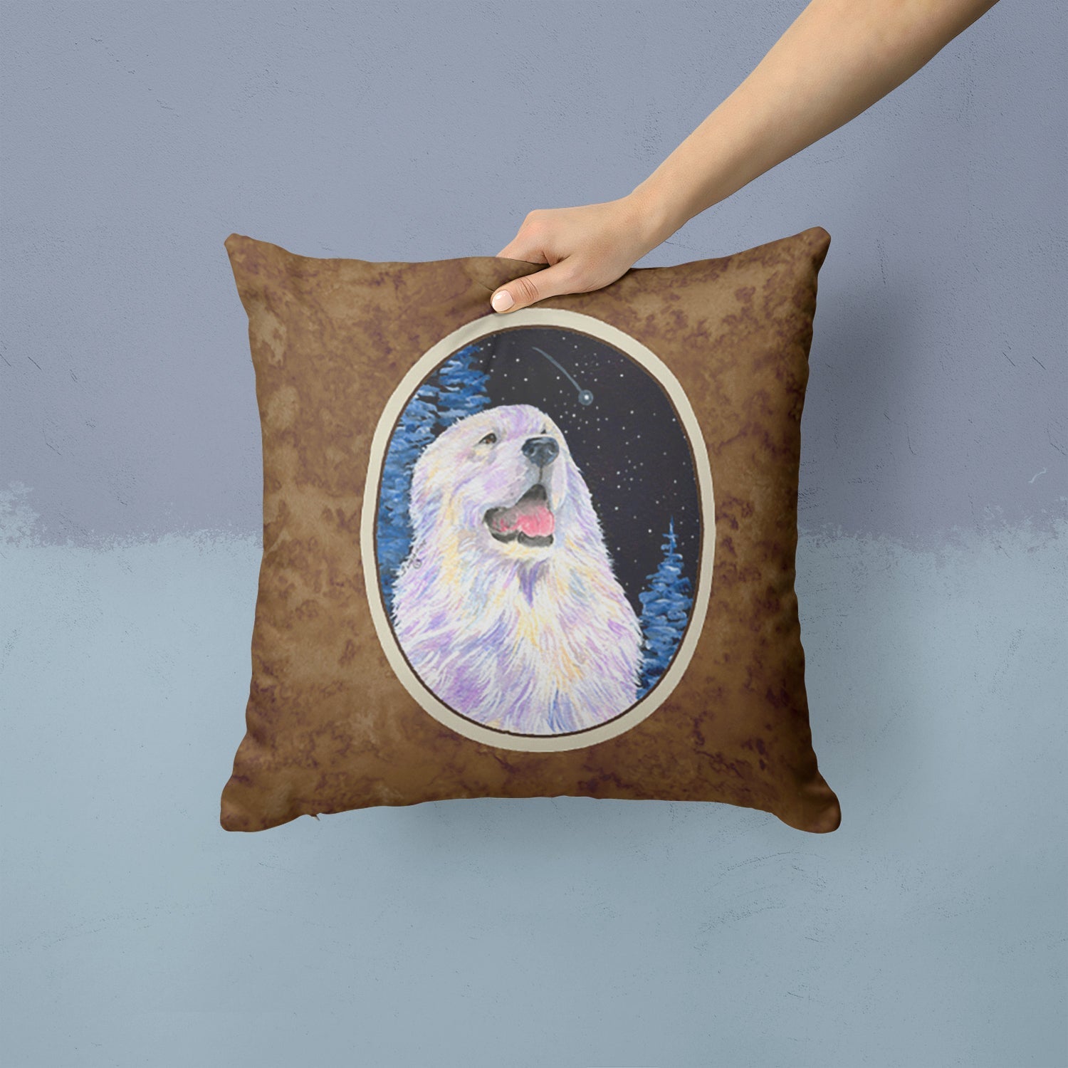 Starry Night Great Pyrenees Decorative Throw Pillow 14x14 Indoor Outdoor Accent Cushion, Fabric Cover with Insert for Sofa, Bed, Porch & Living Room