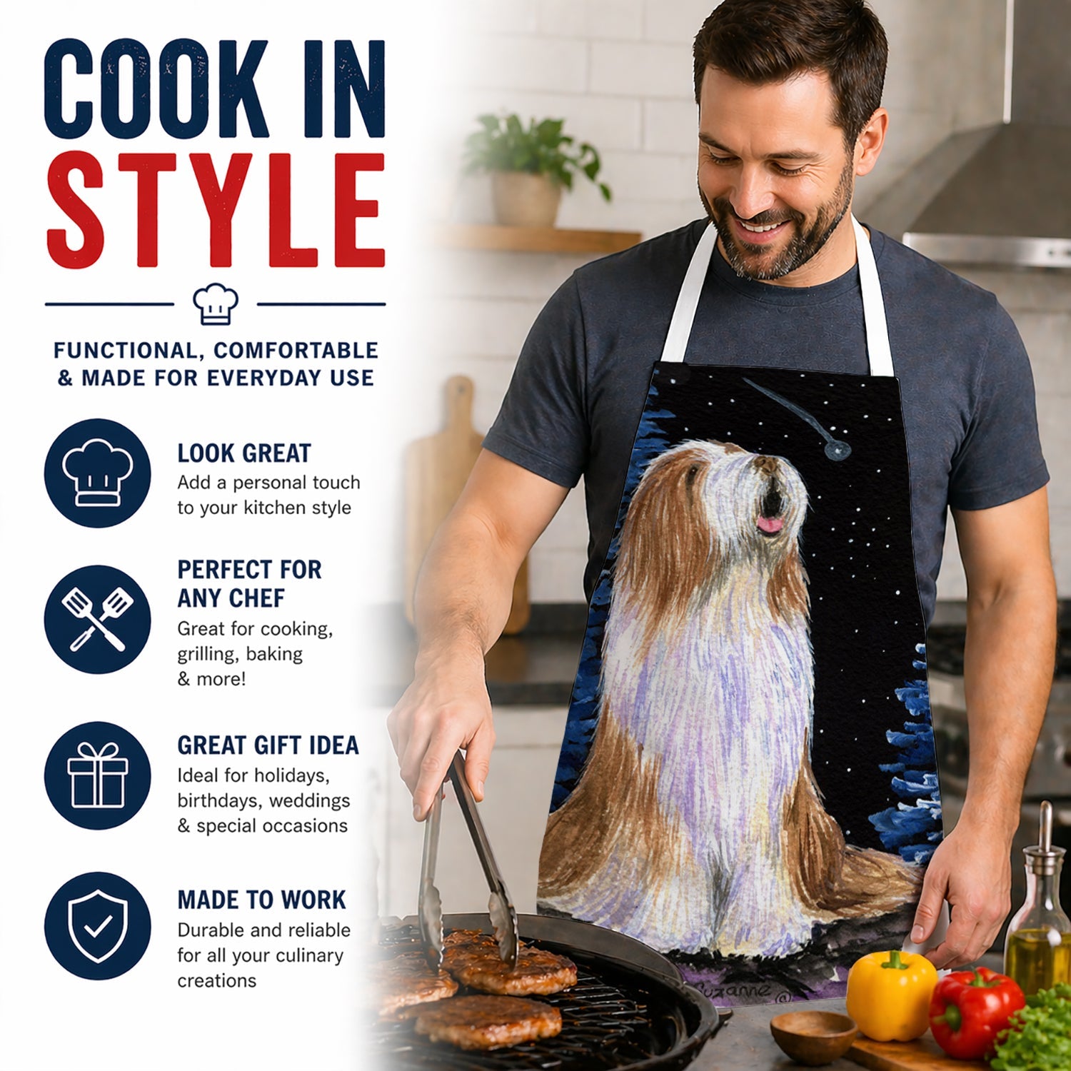 Starry Night Bearded Collie Apron Cooking Kitchen Server Baking Crafts Gardening for Adult Women Men, Unisex, Large, Multicolor