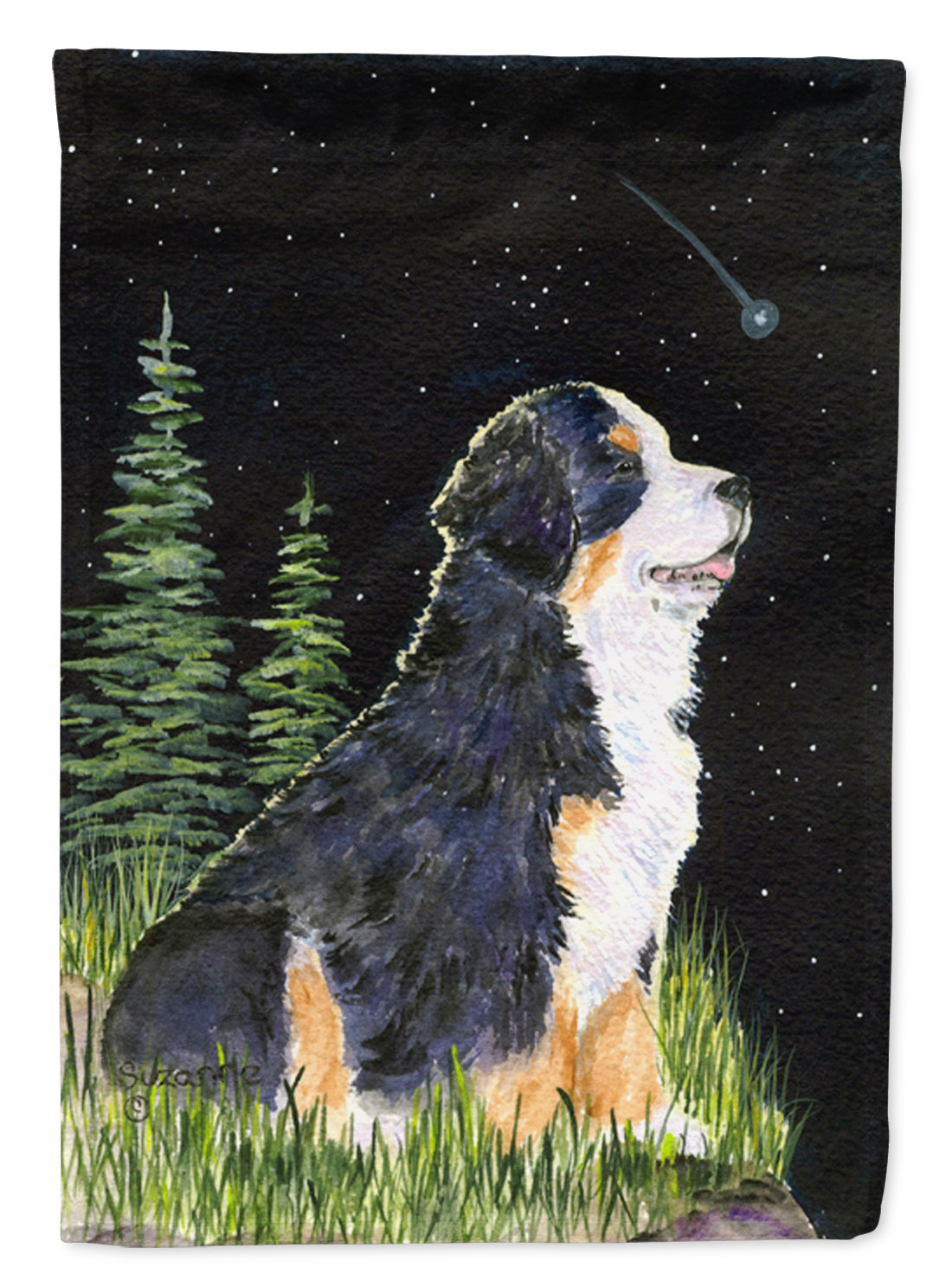 Starry Night Bernese Mountain Dog House Flag 28x40 Porch Sleeve Pole Decorative Outside Yard Banner Artwork Wall Hanging, Polyester