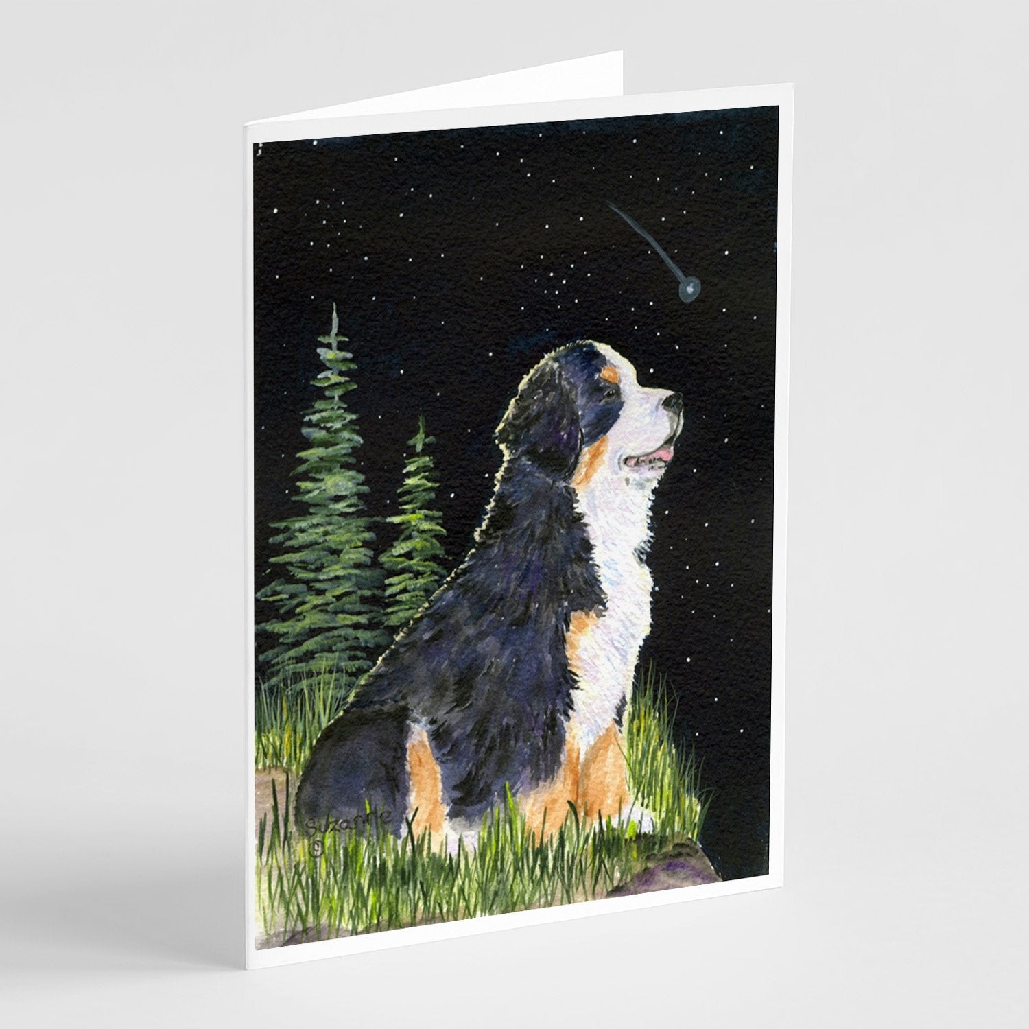 Starry Night Bernese Mountain Dog Greeting Cards Pack of 8 Blank Cards with Envelopes Whimsical A7 Size 5x7