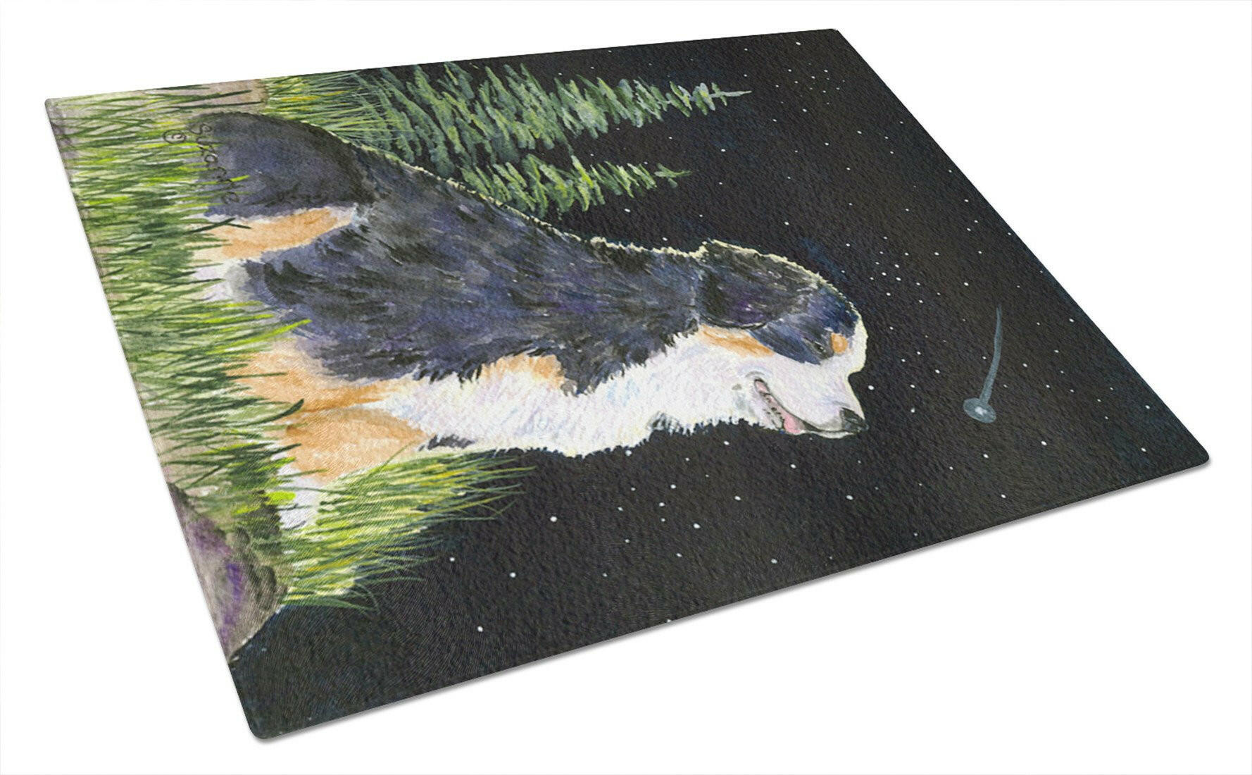 Starry Night Bernese Mountain Dog Cutting Board Tempered Glass Kitchen Cutting Surface, Heat Resistant Chopping, Non-Slip Feet, Food Prep & Serving