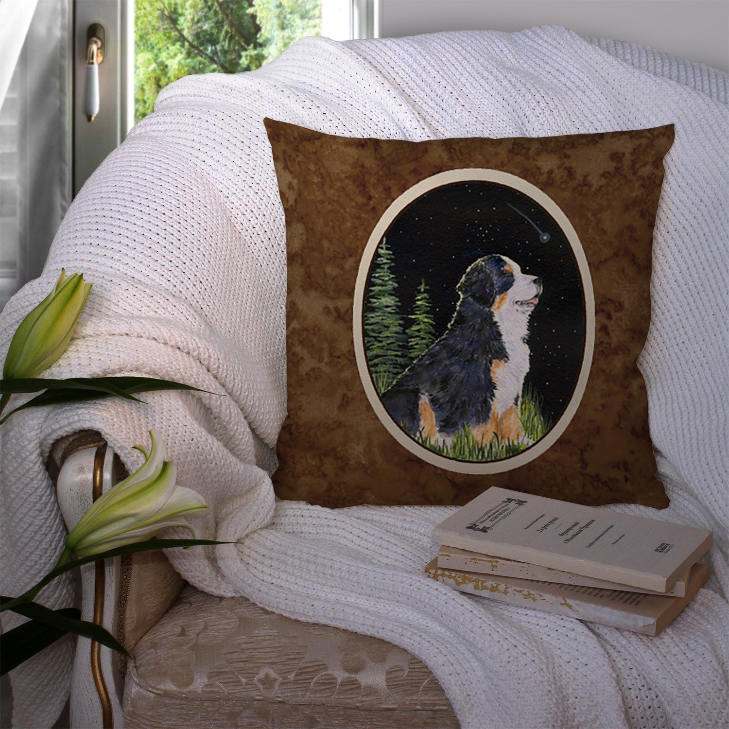 Starry Night Bernese Mountain Dog Decorative Throw Pillow 14x14 Indoor Outdoor Accent Cushion, Fabric Cover with Insert for Sofa, Bed, Porch & Living Room