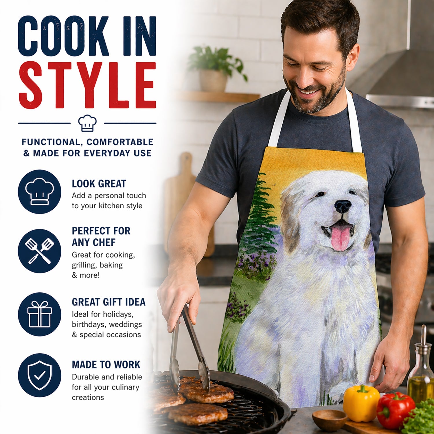 Great Pyrenees Apron Cooking Kitchen Server Baking Crafts Gardening for Adult Women Men, Unisex, Large, Multicolor