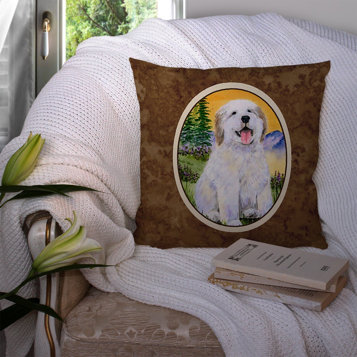 Great Pyrenees Decorative Throw Pillow 14x14 Indoor Outdoor Accent Cushion, Fabric Cover with Insert for Sofa, Bed, Porch & Living Room