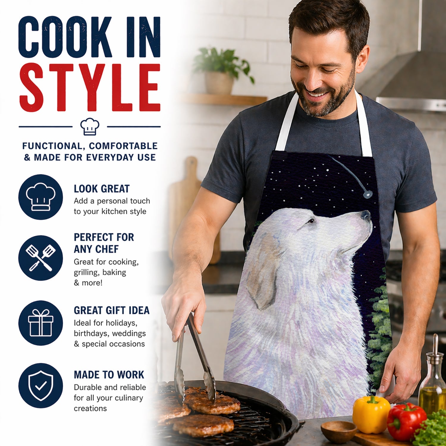 Starry Night Great Pyrenees Apron Cooking Kitchen Server Baking Crafts Gardening for Adult Women Men, Unisex, Large, Multicolor