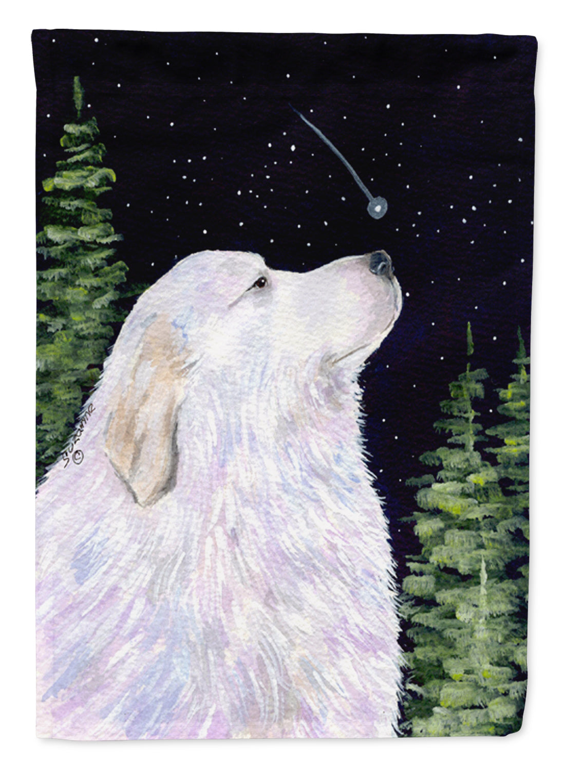 Starry Night Great Pyrenees House Flag 28x40 Porch Sleeve Pole Decorative Outside Yard Banner Artwork Wall Hanging, Polyester