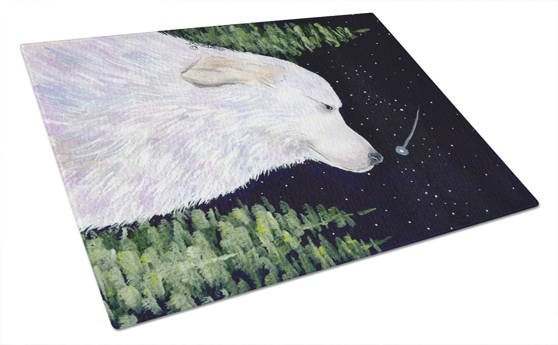 Starry Night Great Pyrenees Cutting Board Tempered Glass Kitchen Cutting Surface, Heat Resistant Chopping, Non-Slip Feet, Food Prep & Serving