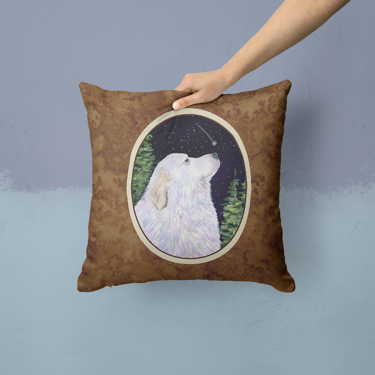 Starry Night Great Pyrenees Decorative Throw Pillow 14x14 Indoor Outdoor Accent Cushion, Fabric Cover with Insert for Sofa, Bed, Porch & Living Room