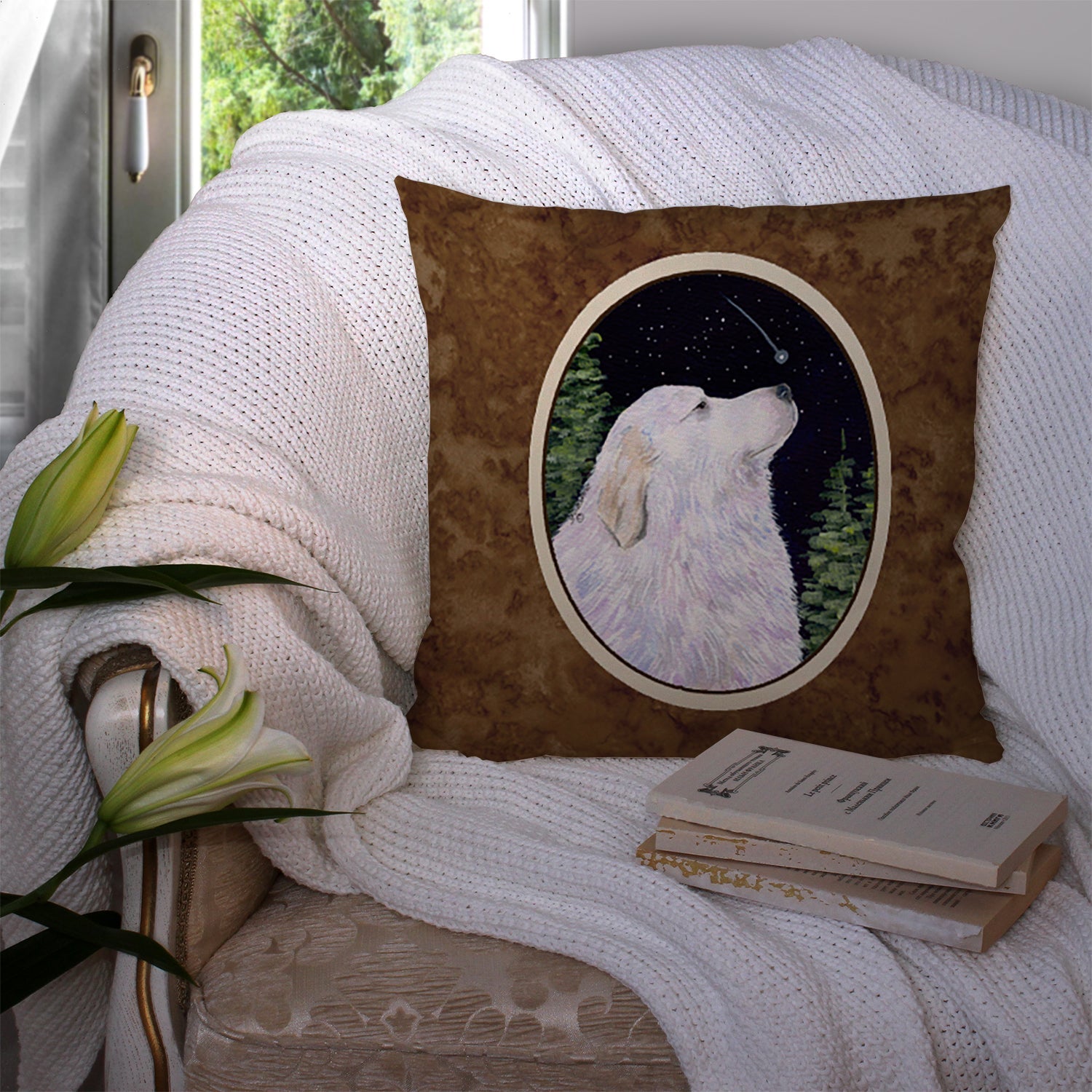 Starry Night Great Pyrenees Decorative Throw Pillow 14x14 Indoor Outdoor Accent Cushion, Fabric Cover with Insert for Sofa, Bed, Porch & Living Room