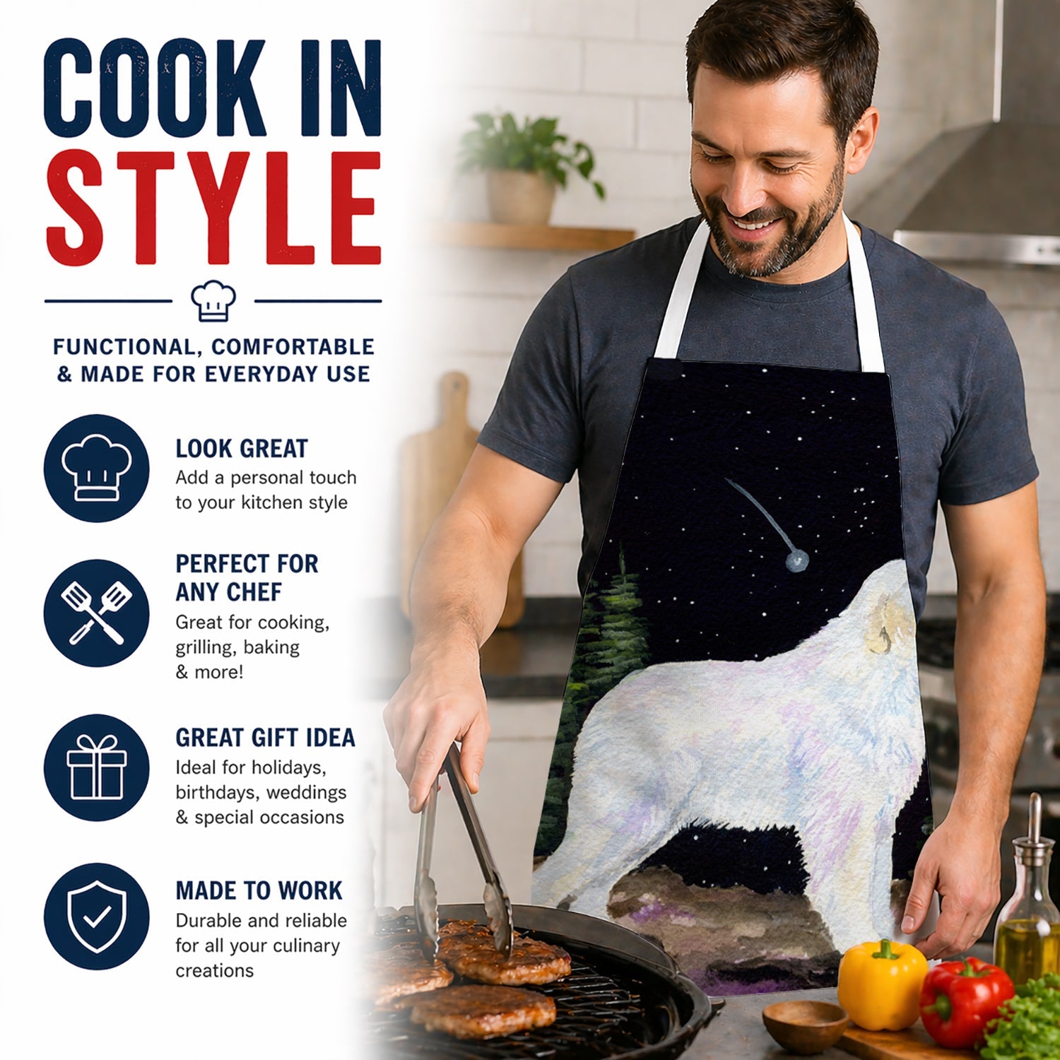 Starry Night Great Pyrenees Apron Cooking Kitchen Server Baking Crafts Gardening for Adult Women Men, Unisex, Large, Multicolor