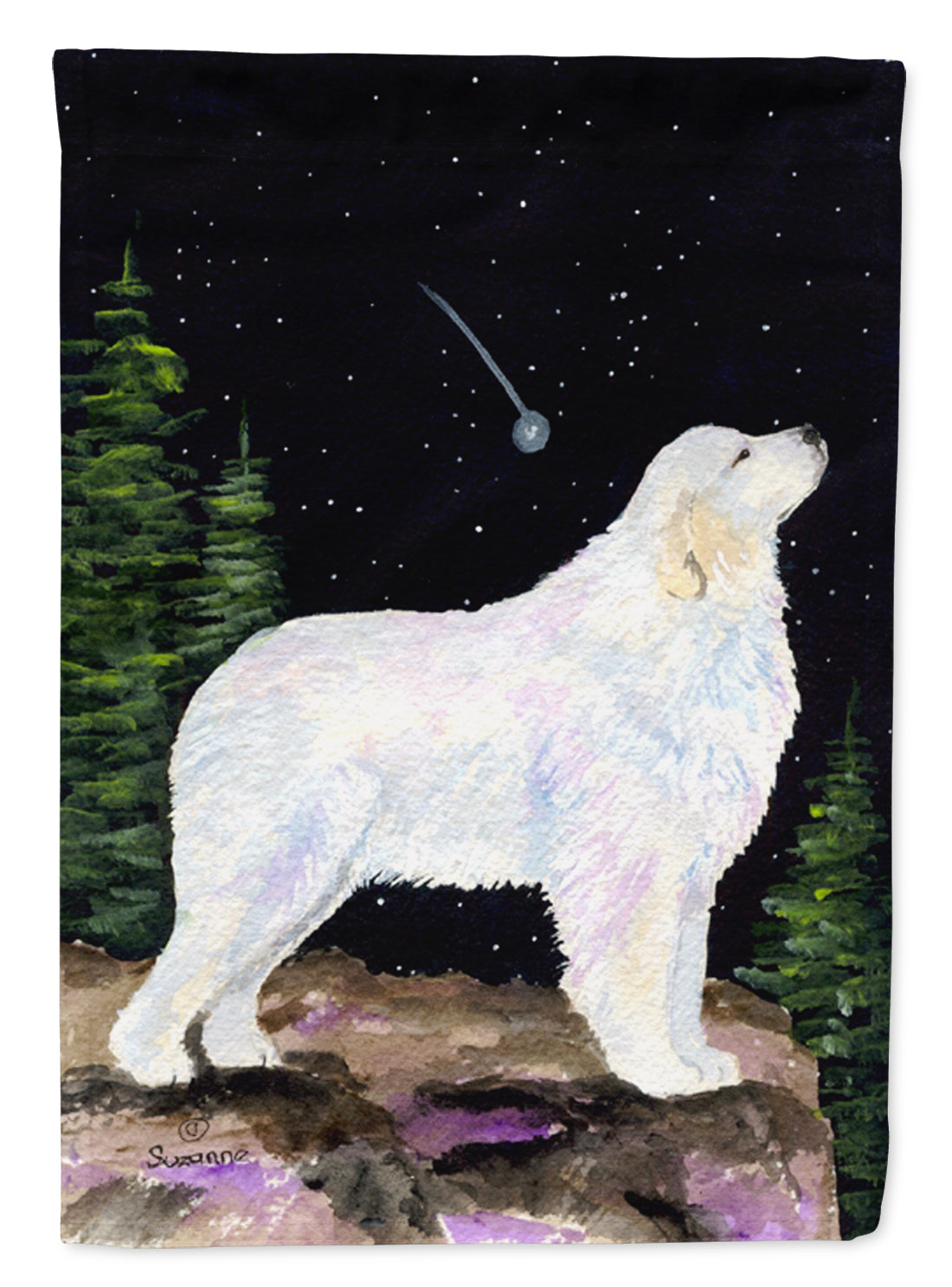 Starry Night Great Pyrenees House Flag 28x40 Porch Sleeve Pole Decorative Outside Yard Banner Artwork Wall Hanging, Polyester