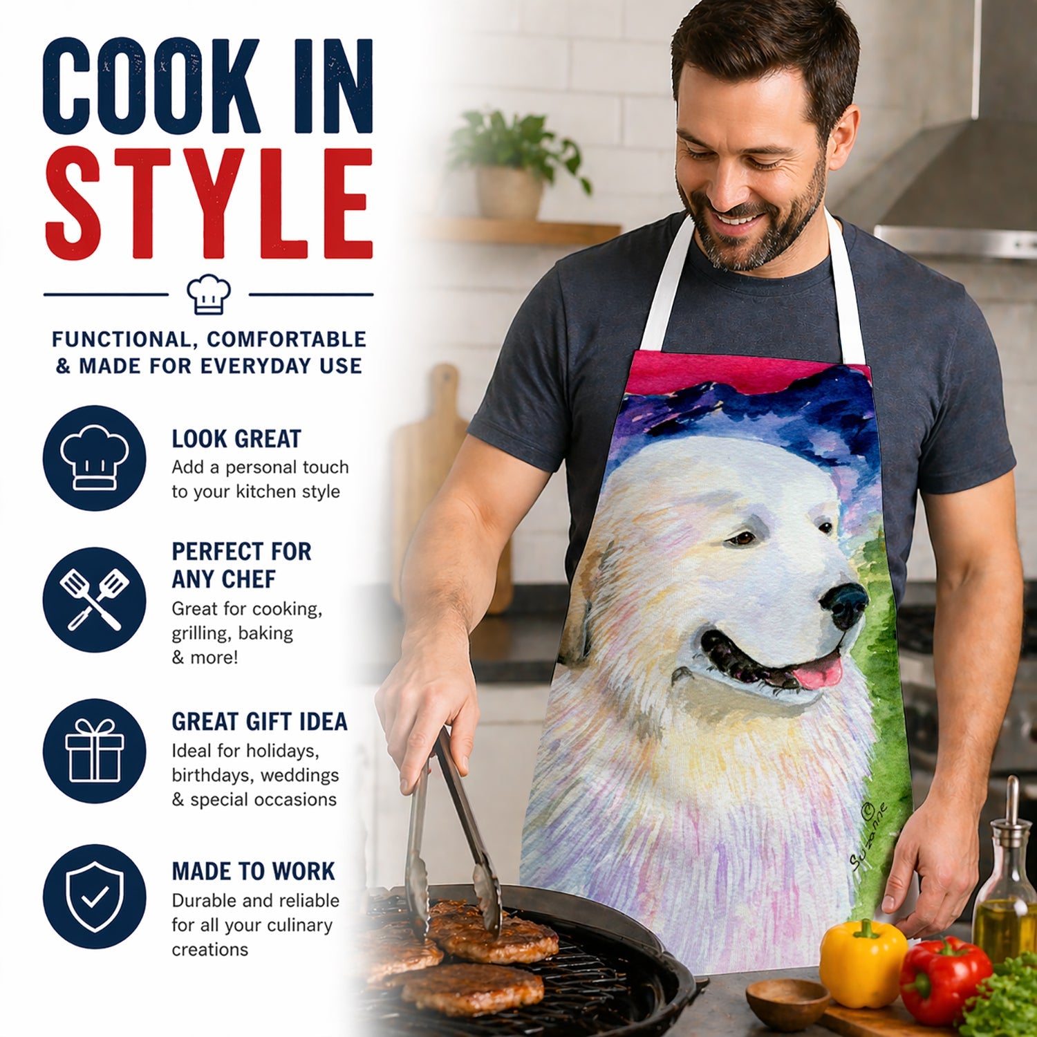 Great Pyrenees Apron Cooking Kitchen Server Baking Crafts Gardening for Adult Women Men, Unisex, Large, Multicolor