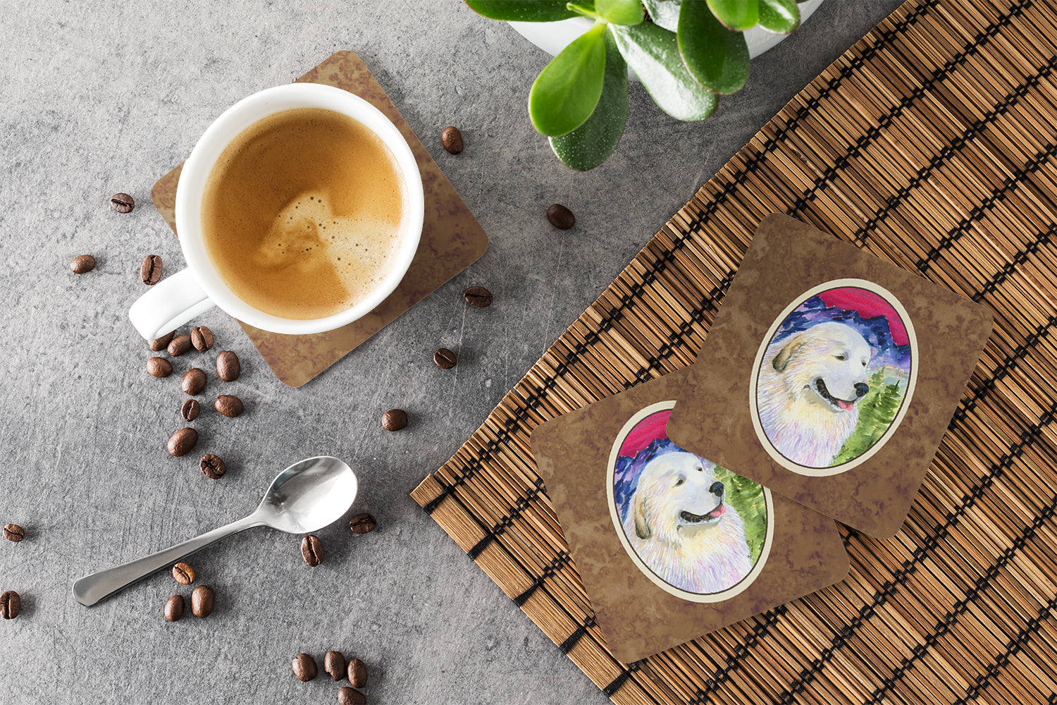 Great Pyrenees Foam Coasters Set of 4 Cup Coasters for Indoor Outdoor, Tabletop Protection, Anti Slip, Mouse pad Material