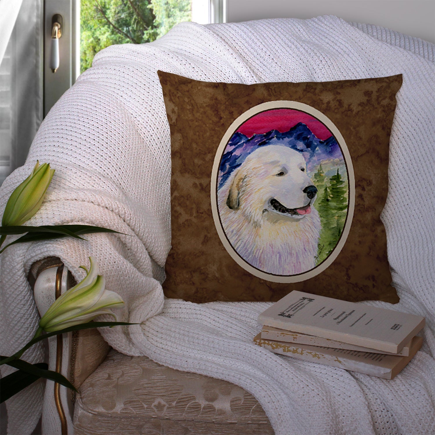 Great Pyrenees Decorative Throw Pillow 14x14 Indoor Outdoor Accent Cushion, Fabric Cover with Insert for Sofa, Bed, Porch & Living Room