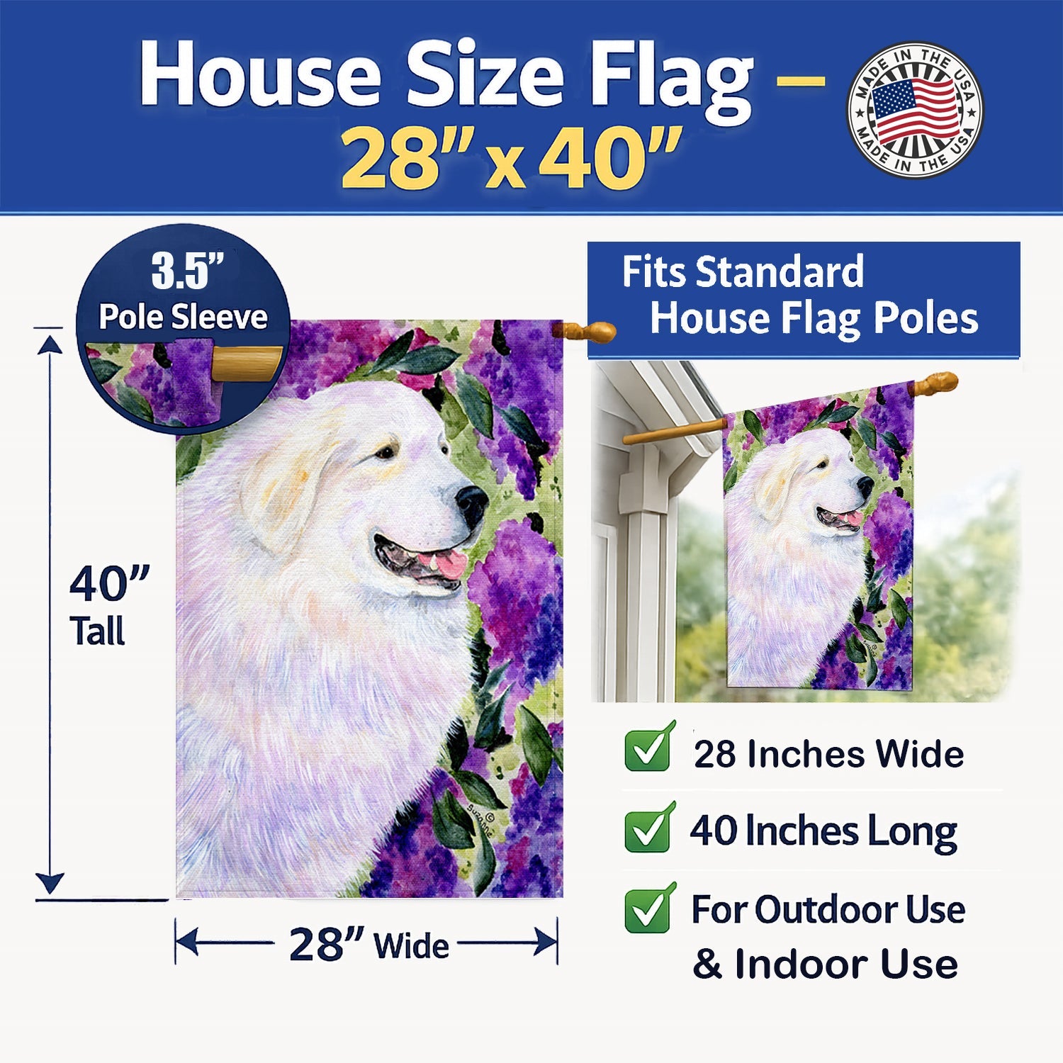 Great Pyrenees House Flag 28x40 Porch Sleeve Pole Decorative Outside Yard Banner Artwork Wall Hanging, Polyester