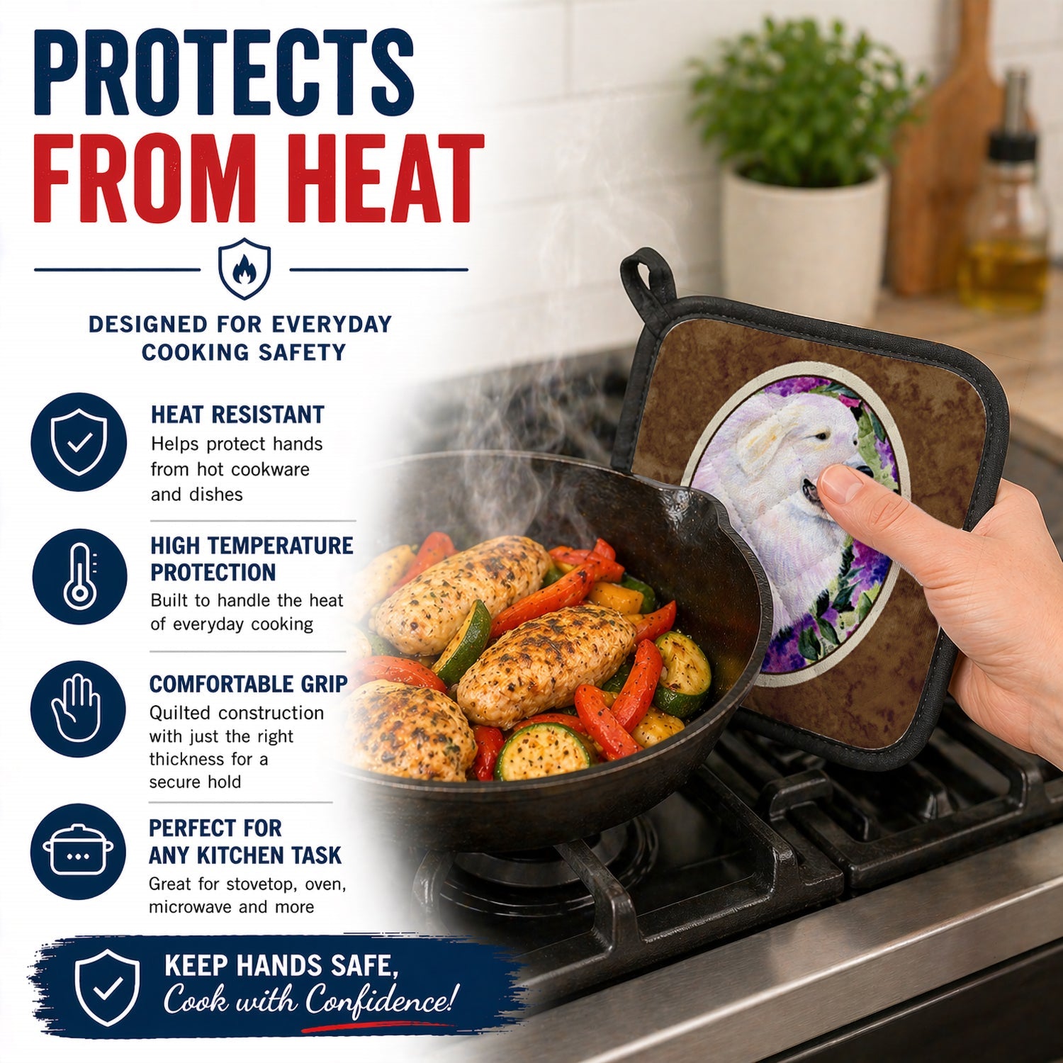 Great Pyrenees Pot Holder Set of 2 Heat Resistant Quilted Hot Pads 7.5 x 7.5 Inch, Insulated Kitchen Trivets for Cooking & Baking